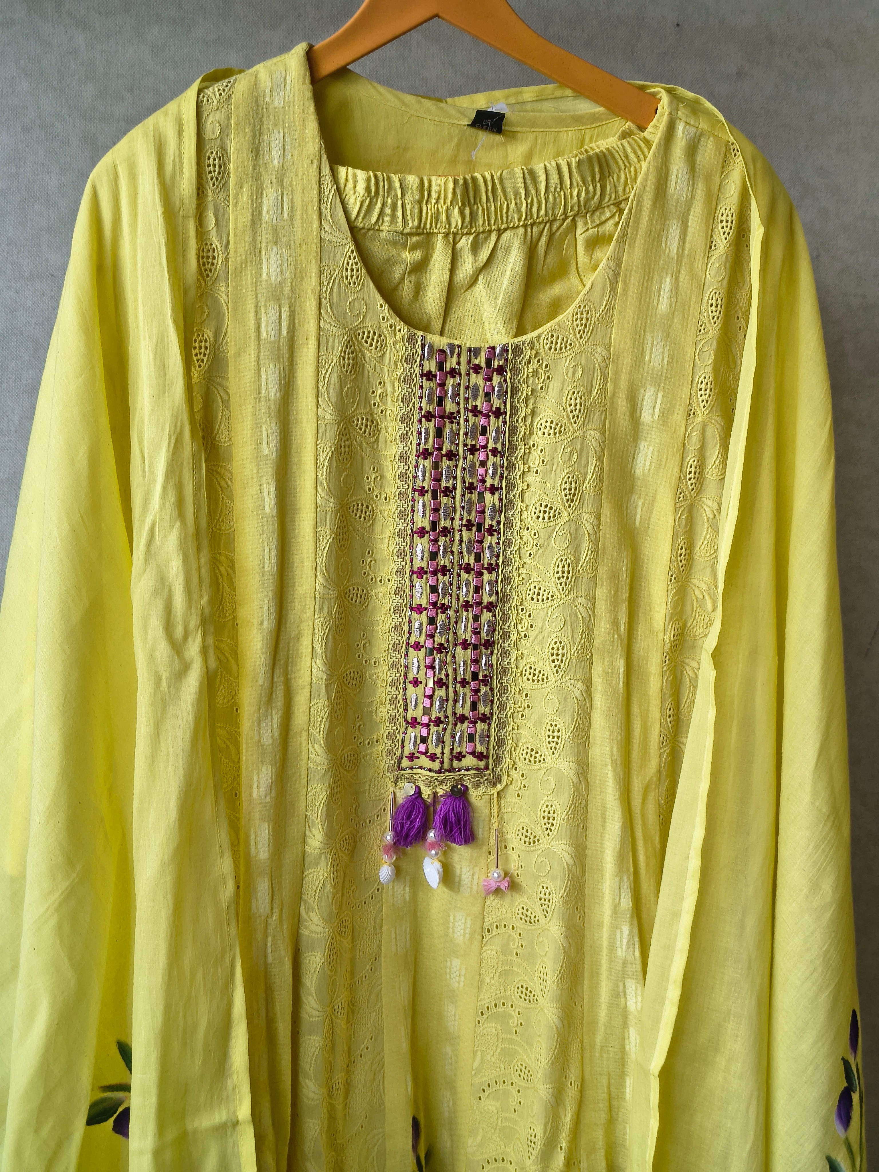 Image of Premium Sunshine Yellow Schiffli Embroidered Kurta Set with Floral Handwork & Dupatta