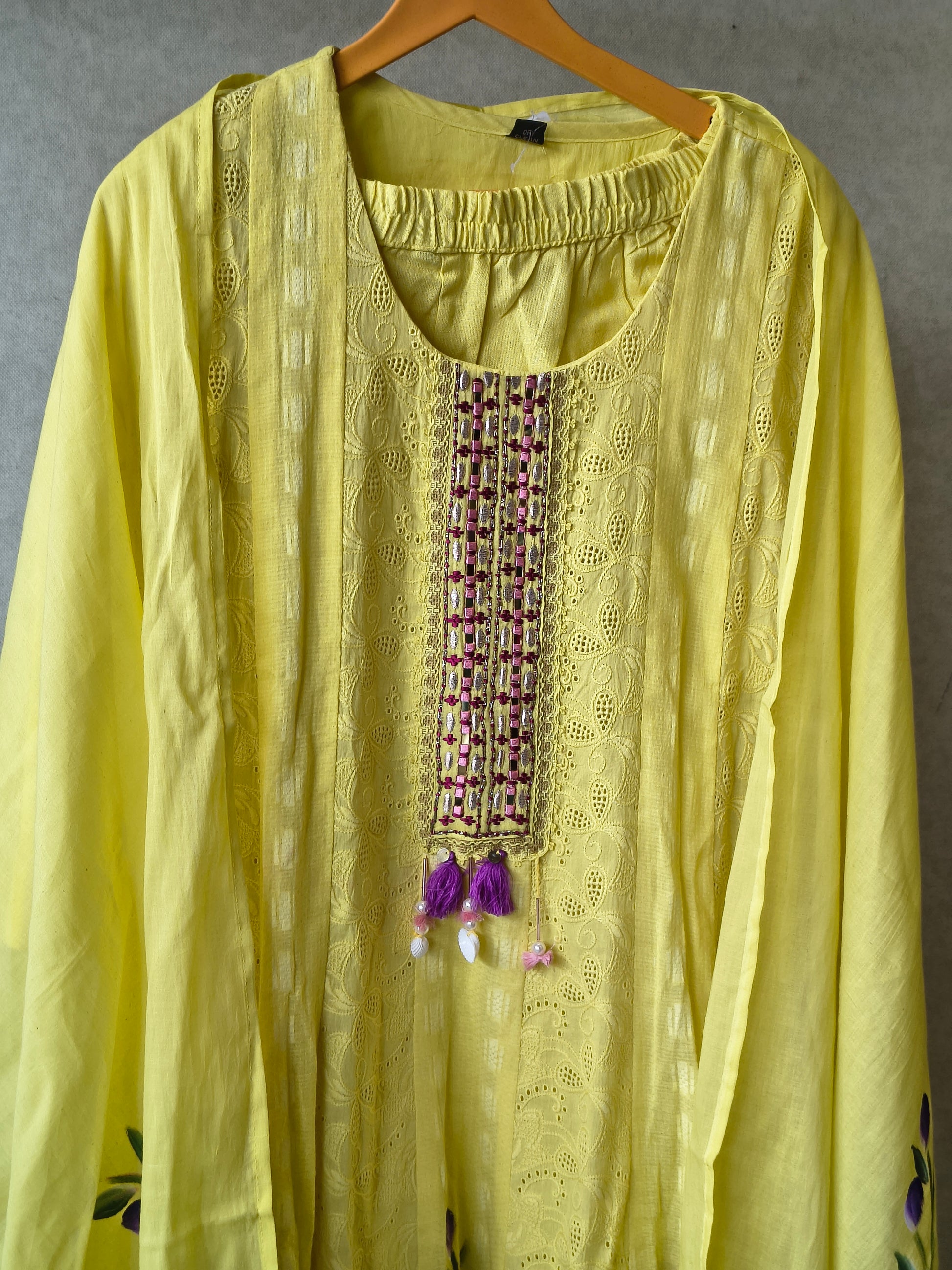 Premium Sunshine Yellow Schiffli Embroidered Kurta Set with Floral Handwork & Dupatta