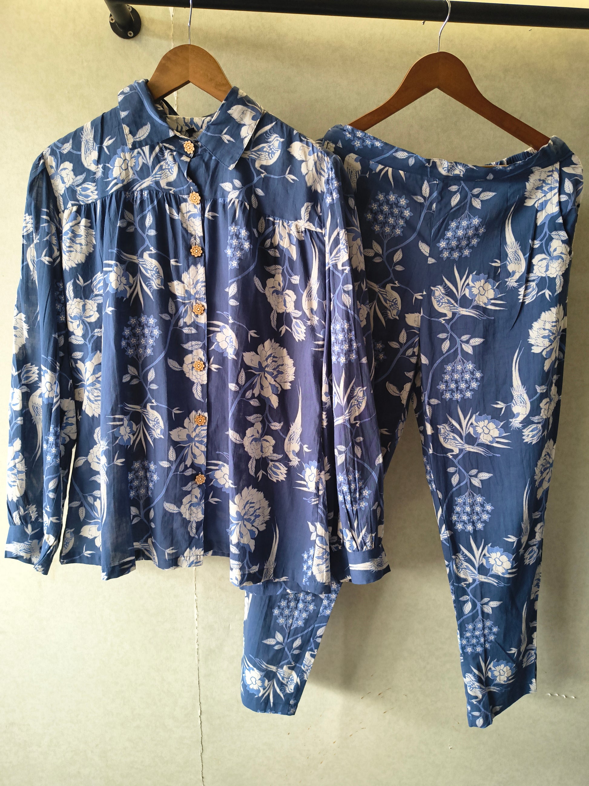 Premium Blue Floral Bird Print Shirt Co-Ord Set
