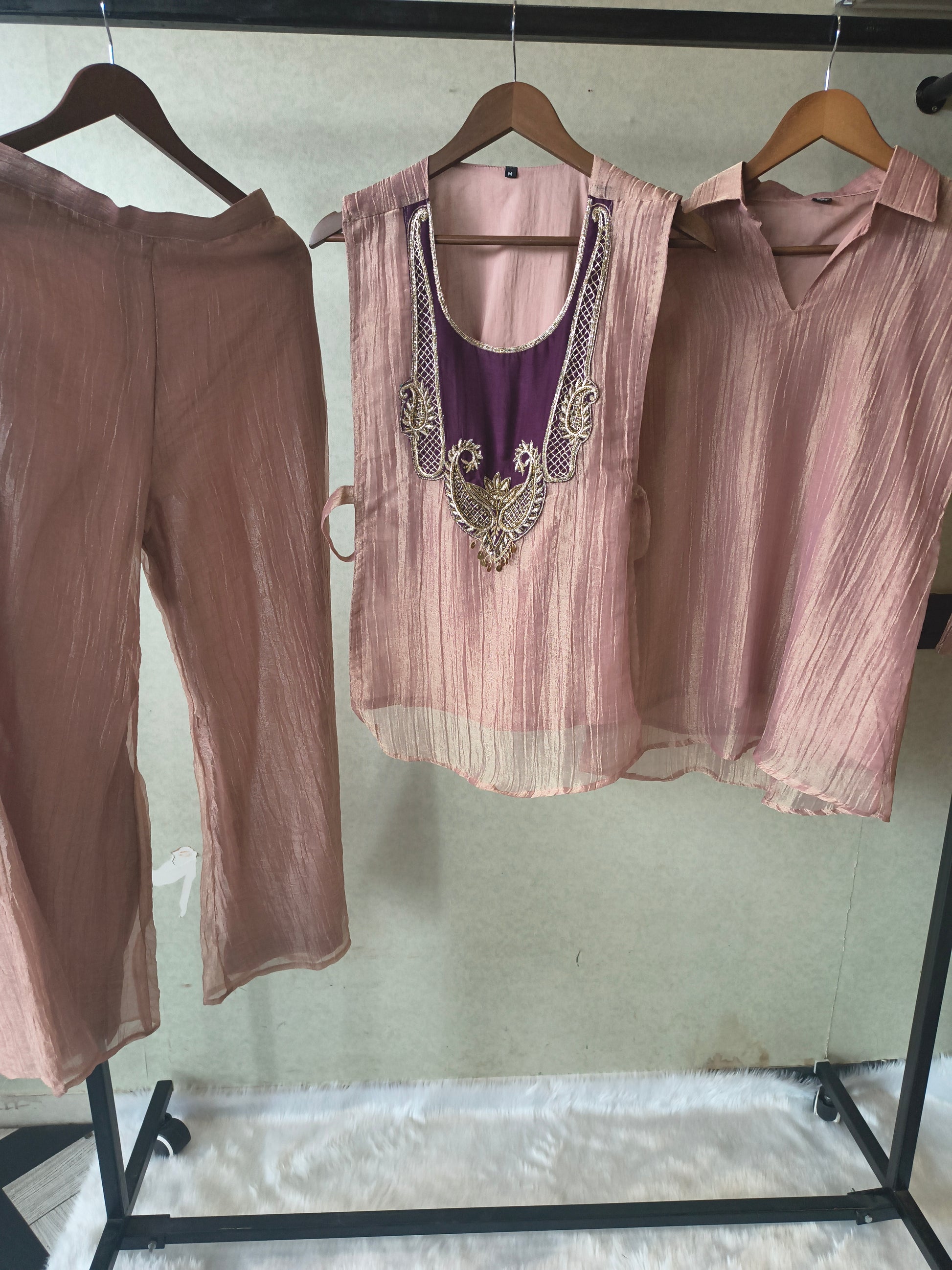 Premium Champagne Tissue Silk Embroidered Kurta with Hand Embellished Statement Yoke (Copy)