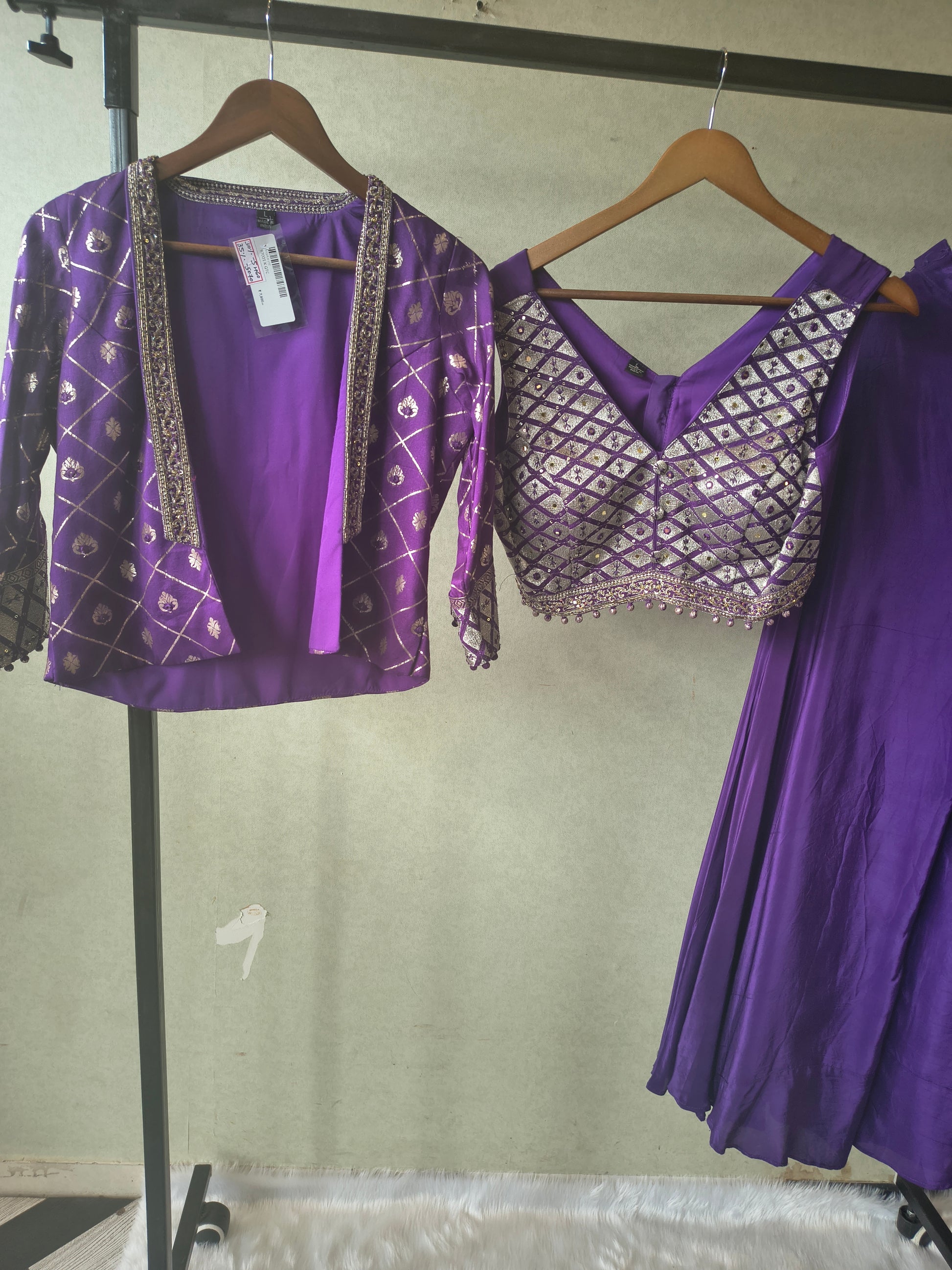 Royal Purple Mirror Embellished Blouse with Printed Jacket & Flared Palazzo – 3 Piece Designer Indo-Western Set