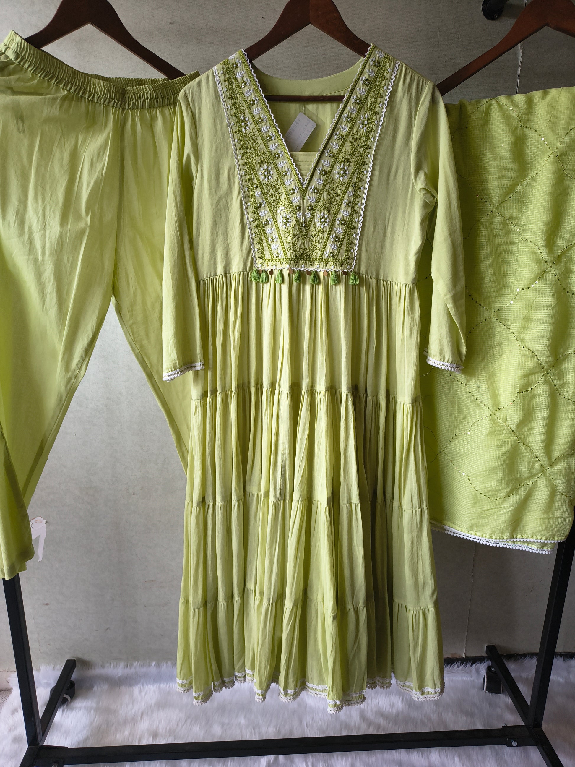 Lime Green Cotton Tiered Kurta Set with Embroidered Yoke & Quilted Dupatta