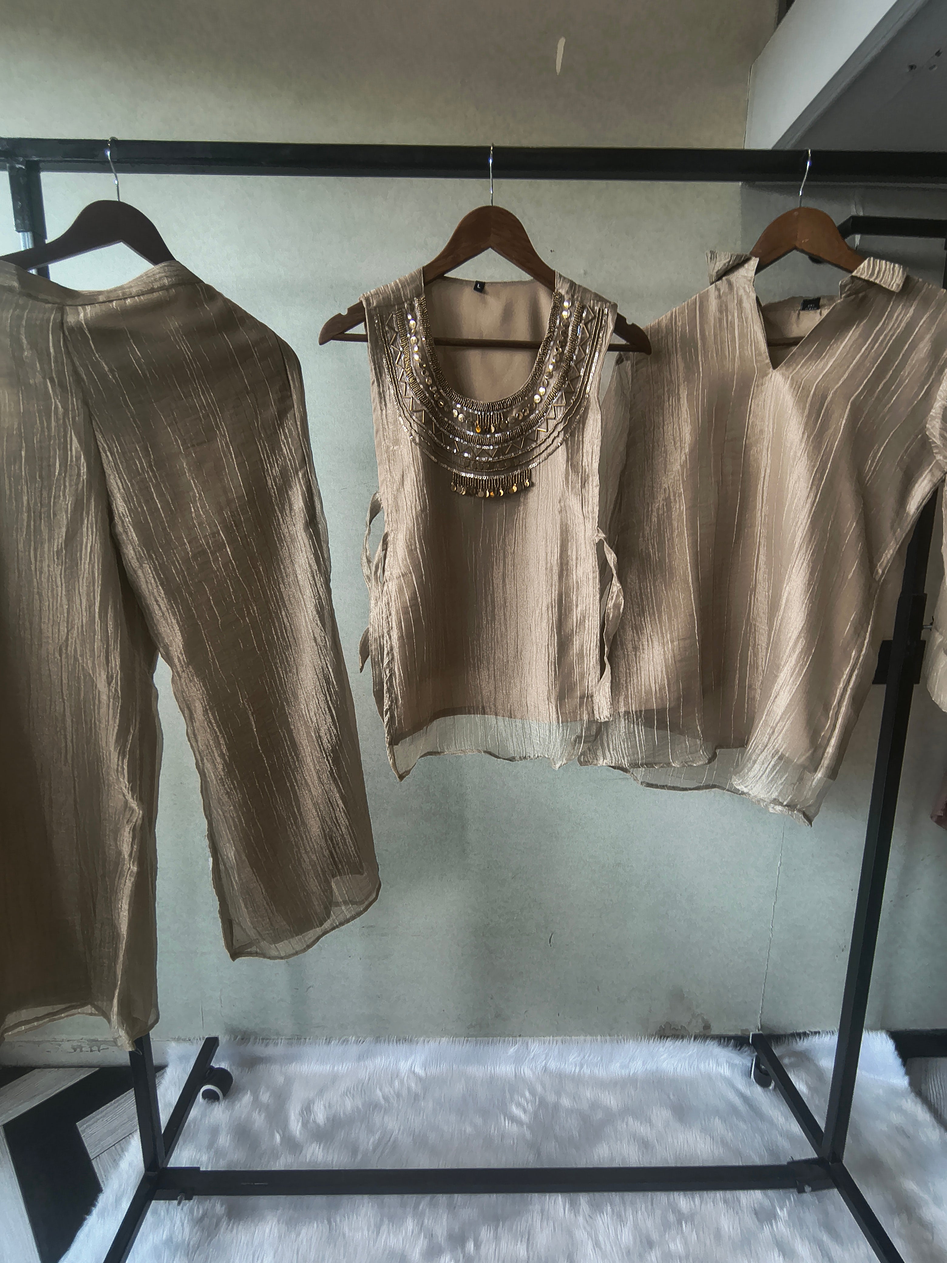 Image of Premium Champagne Tissue Silk 3-Piece Co-Ord Set with Statement Hand Embellished Jacket, Inner & Palazzo
