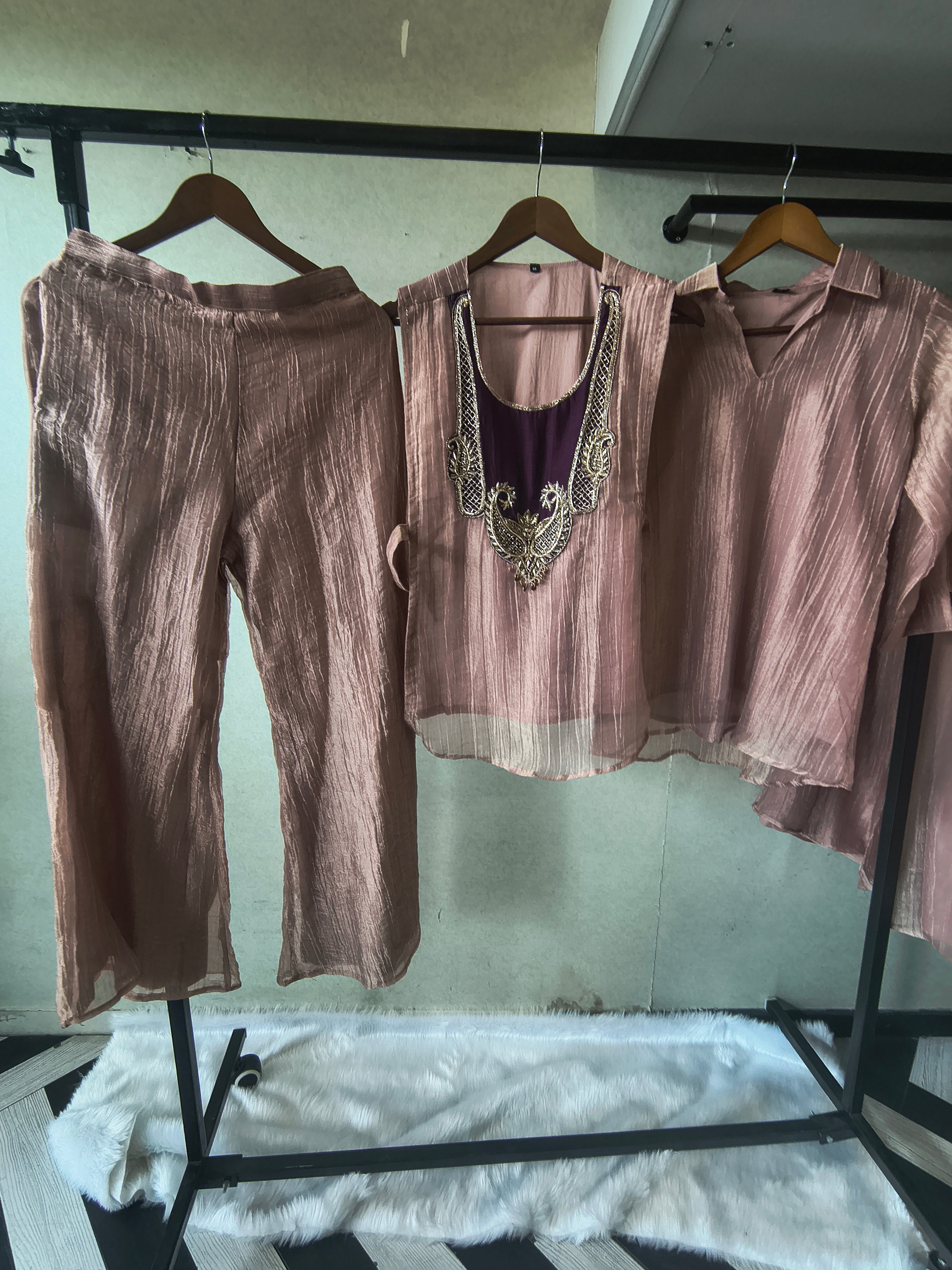 Image of Premium Champagne Tissue Silk Embroidered Kurta with Hand Embellished Statement Yoke (Copy)