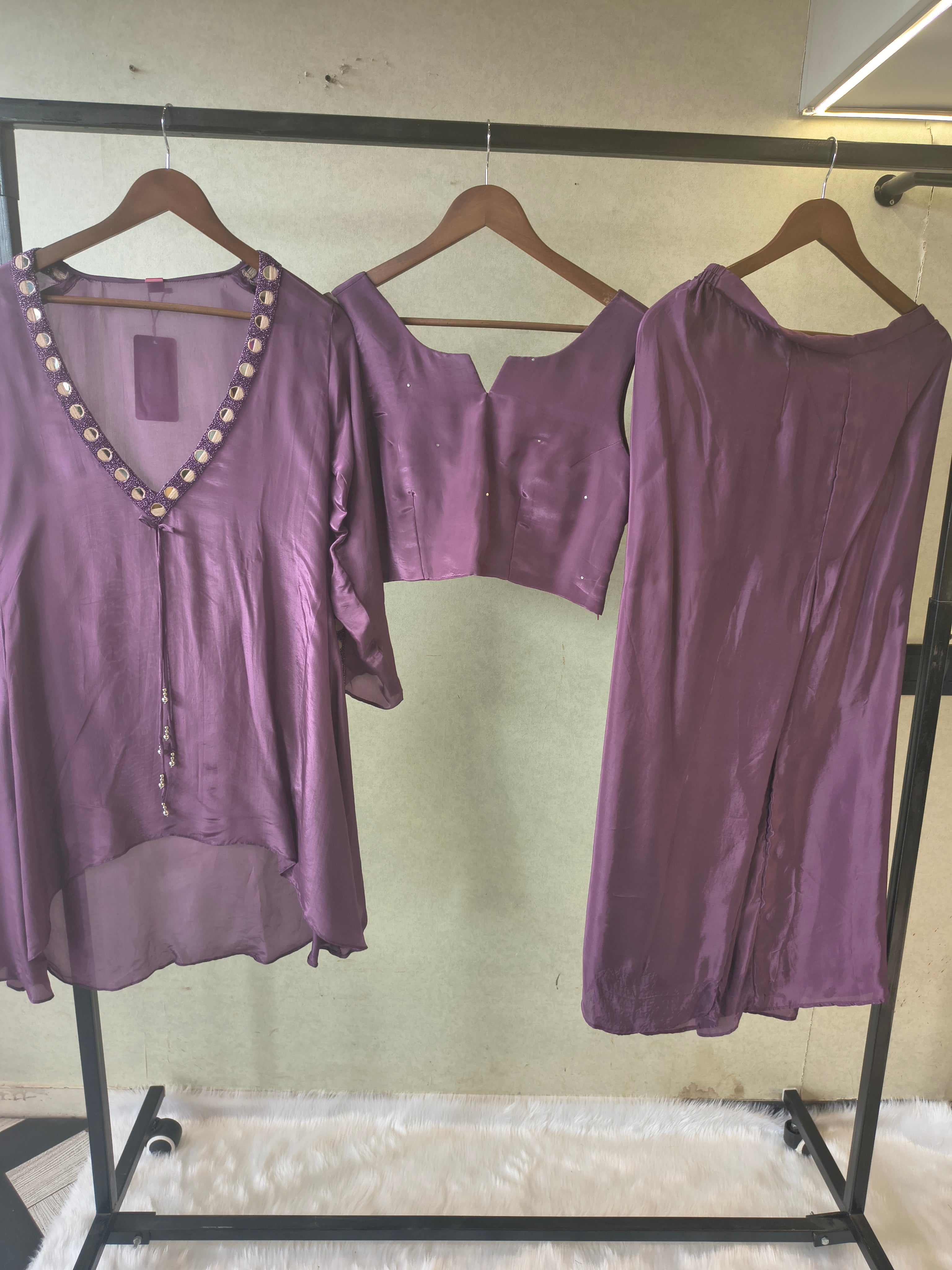 Image of Royal Plum Embellished High-Low Tunic with Sleeveless Blouse & Wide-Leg Pants – 3 Piece Designer Indo-Western Set