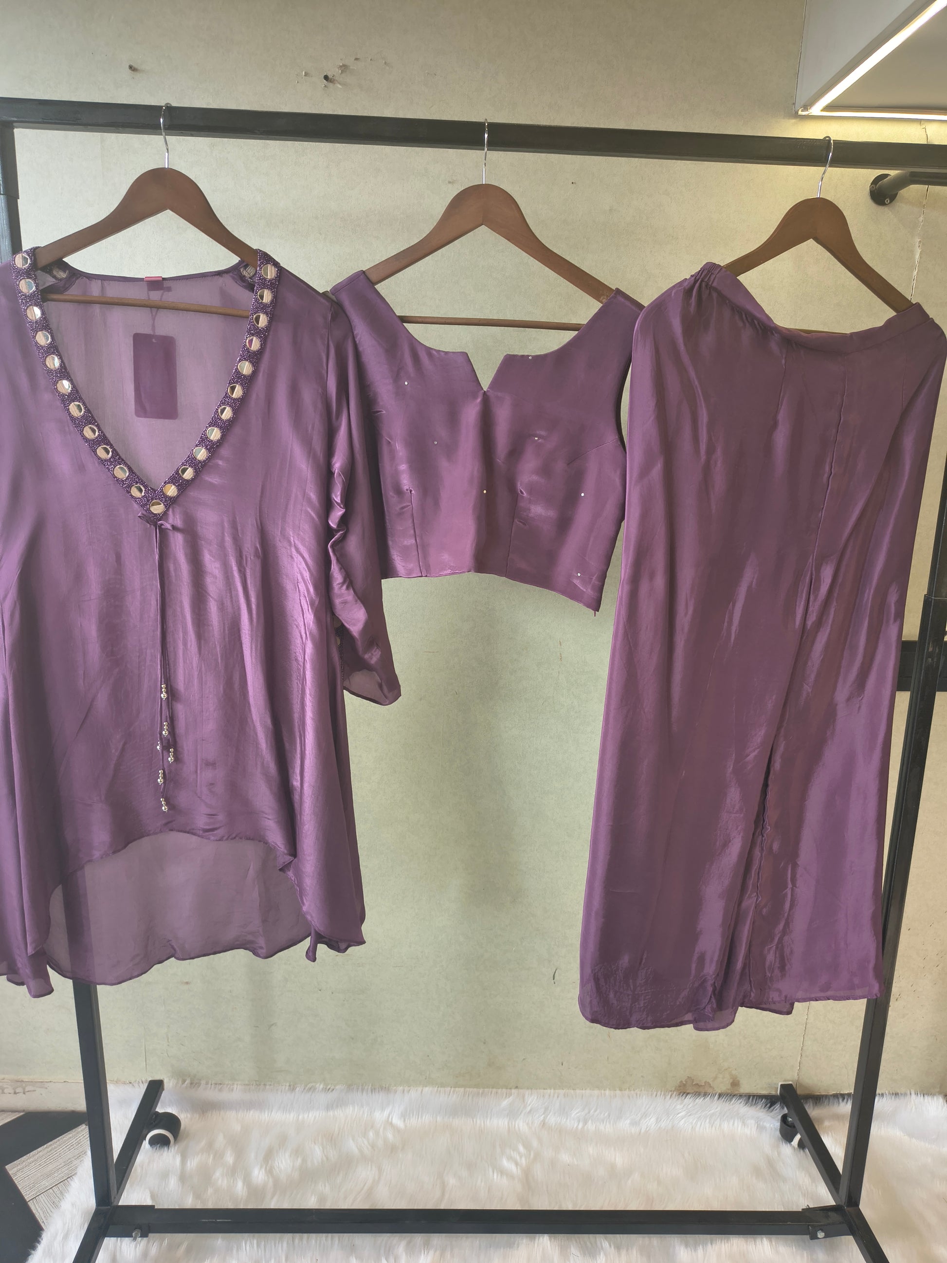 Royal Plum Embellished High-Low Tunic with Sleeveless Blouse & Wide-Leg Pants – 3 Piece Designer Indo-Western Set