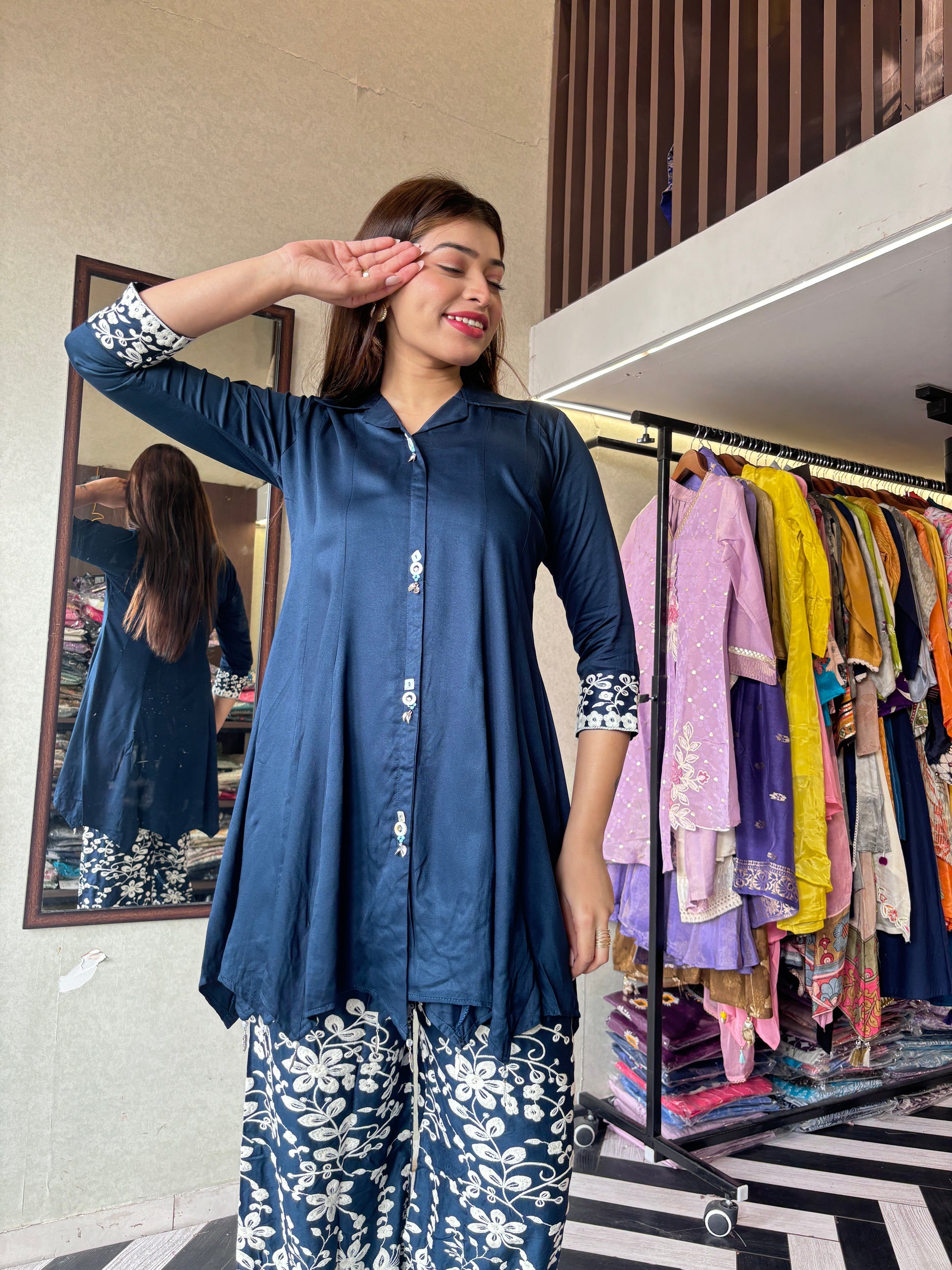 Pure Gaji Silk with Crepe Fabric Coord Set ( Thread Work )