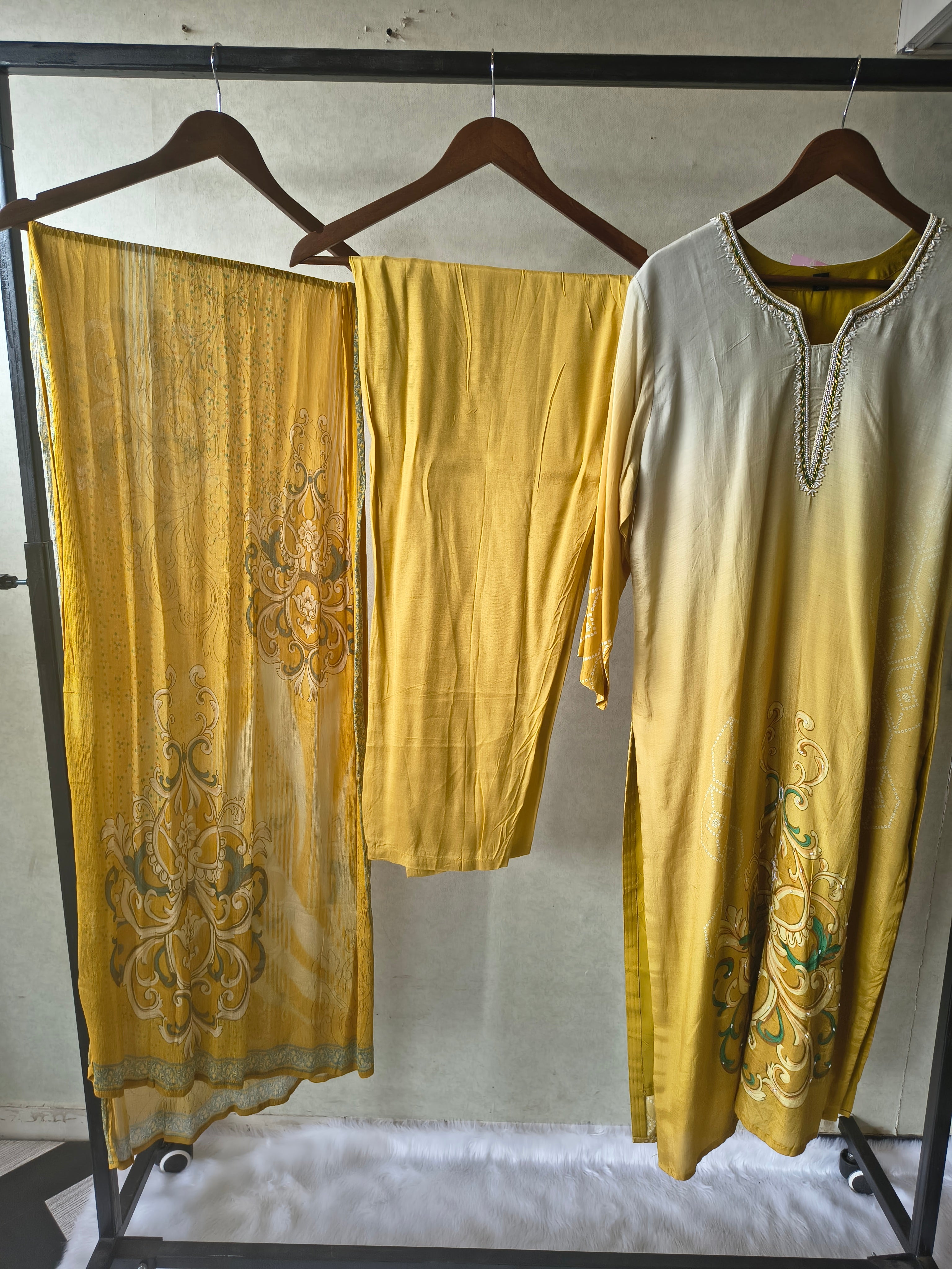 Image of Premium Mustard Yellow Ornamental Print Straight Kurta Set with Designer Dupatta & Straight Pants