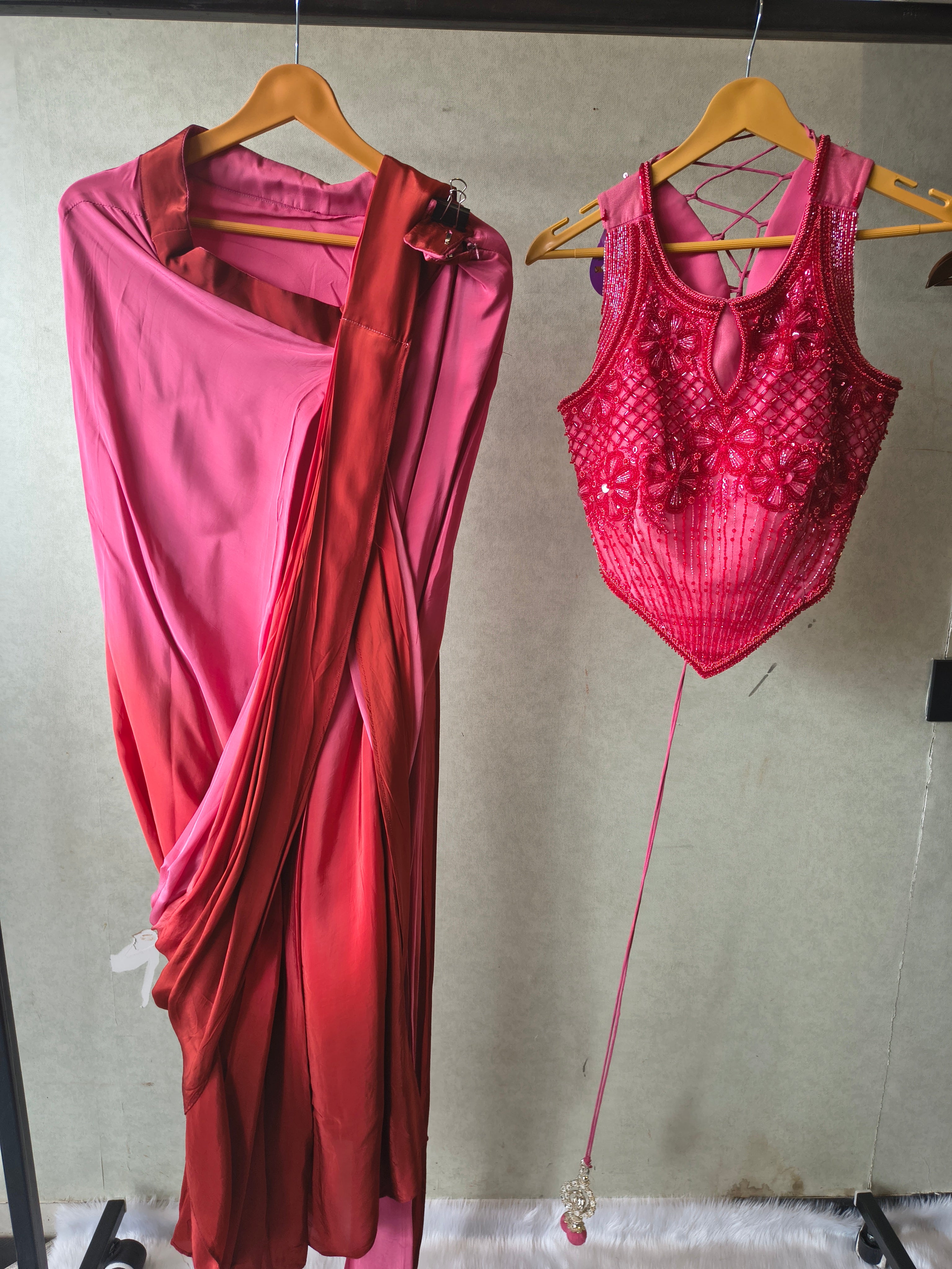 Image of Premium Ombre Pink Pre-Draped Designer Saree with Heavy Hand Embroidered Corset Blouse