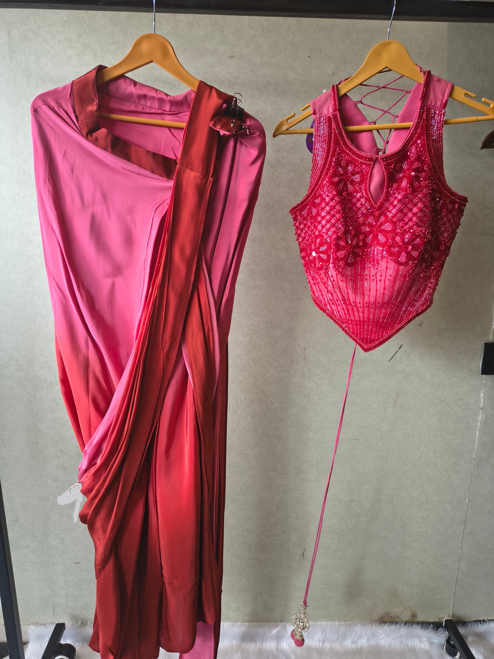 Premium Ombre Pink Pre-Draped Designer Saree with Heavy Hand Embroidered Corset Blouse