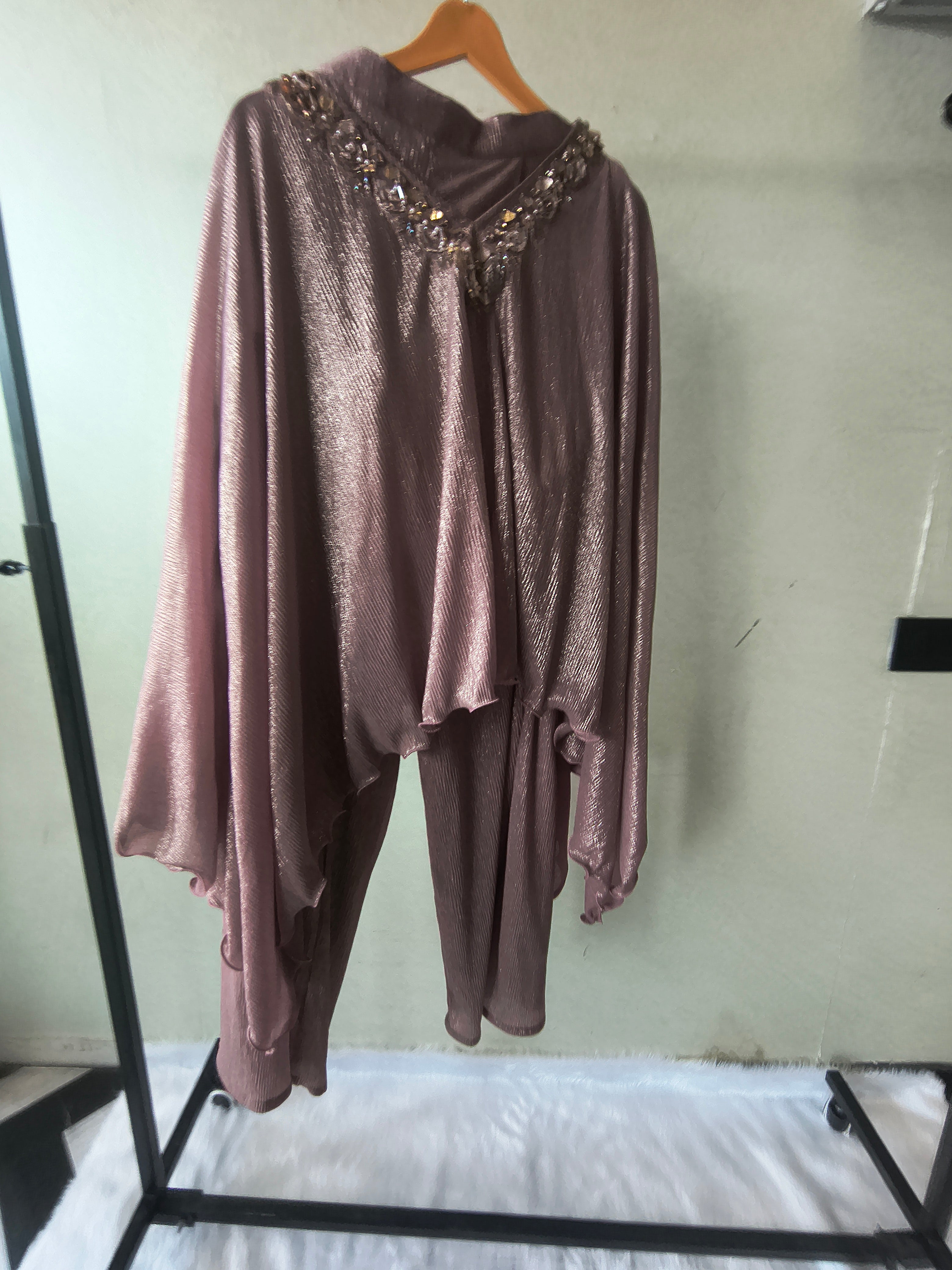 Image of Premium Rose Gold Shimmer Kaftan Co-Ord Set with Hand Embellished Cape & Straight Pants