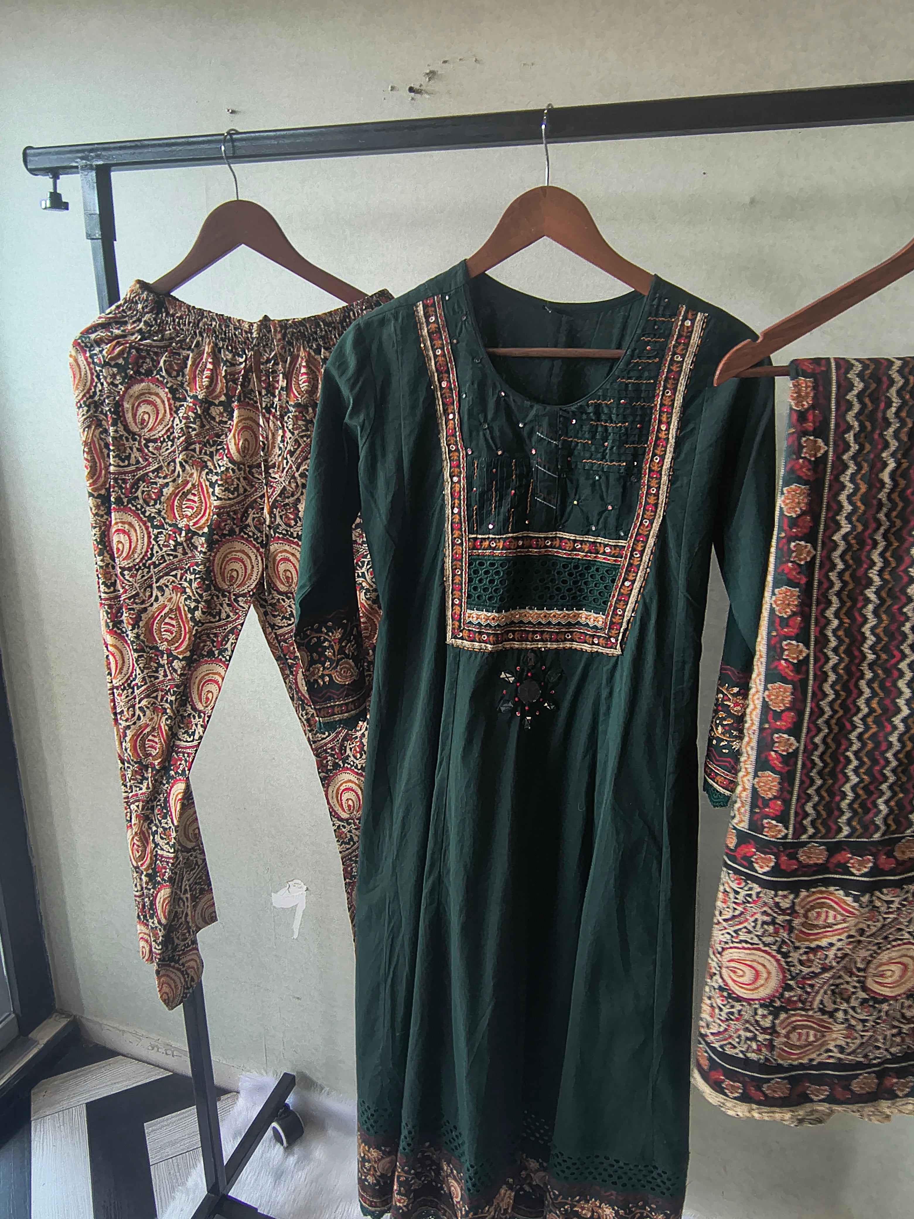 Image of Emerald Green Embroidered Three-Piece Kurta Set with Printed Pant & Designer Dupatta