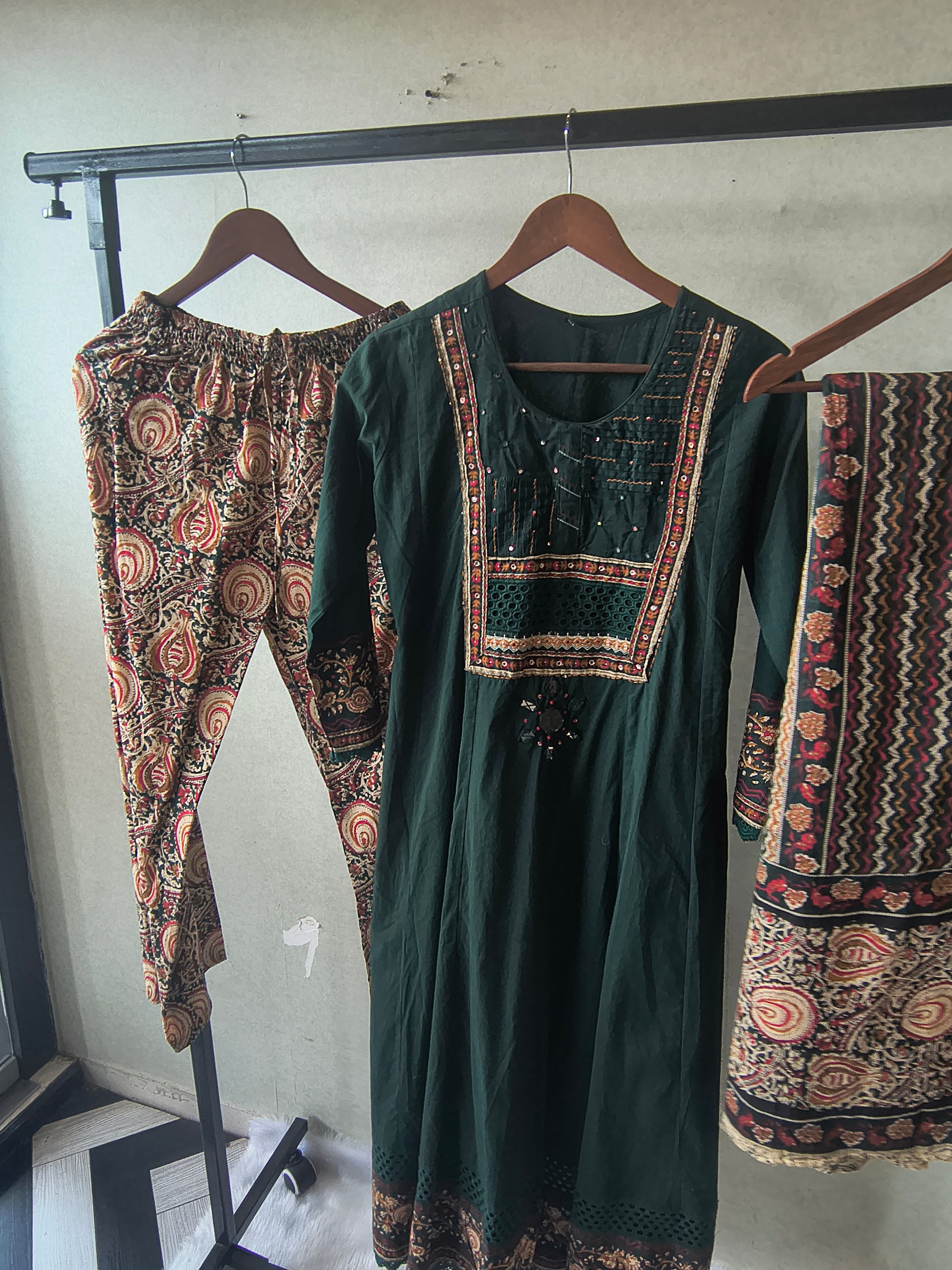 Emerald Green Embroidered Three-Piece Kurta Set with Printed Pant & Designer Dupatta