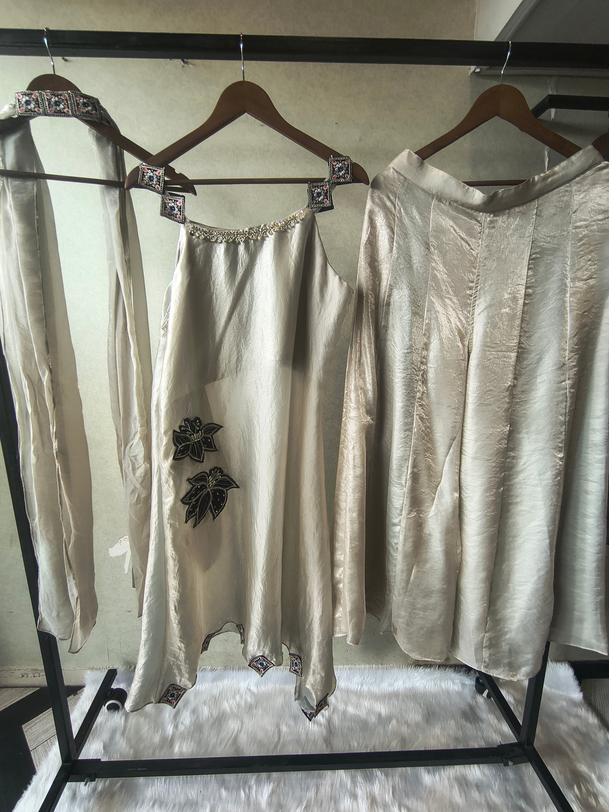 Premium Ivory 3-Piece Designer Indo-Western Palazzo Set with Asymmetrical Embroidered Kurta & Statement Dupatta