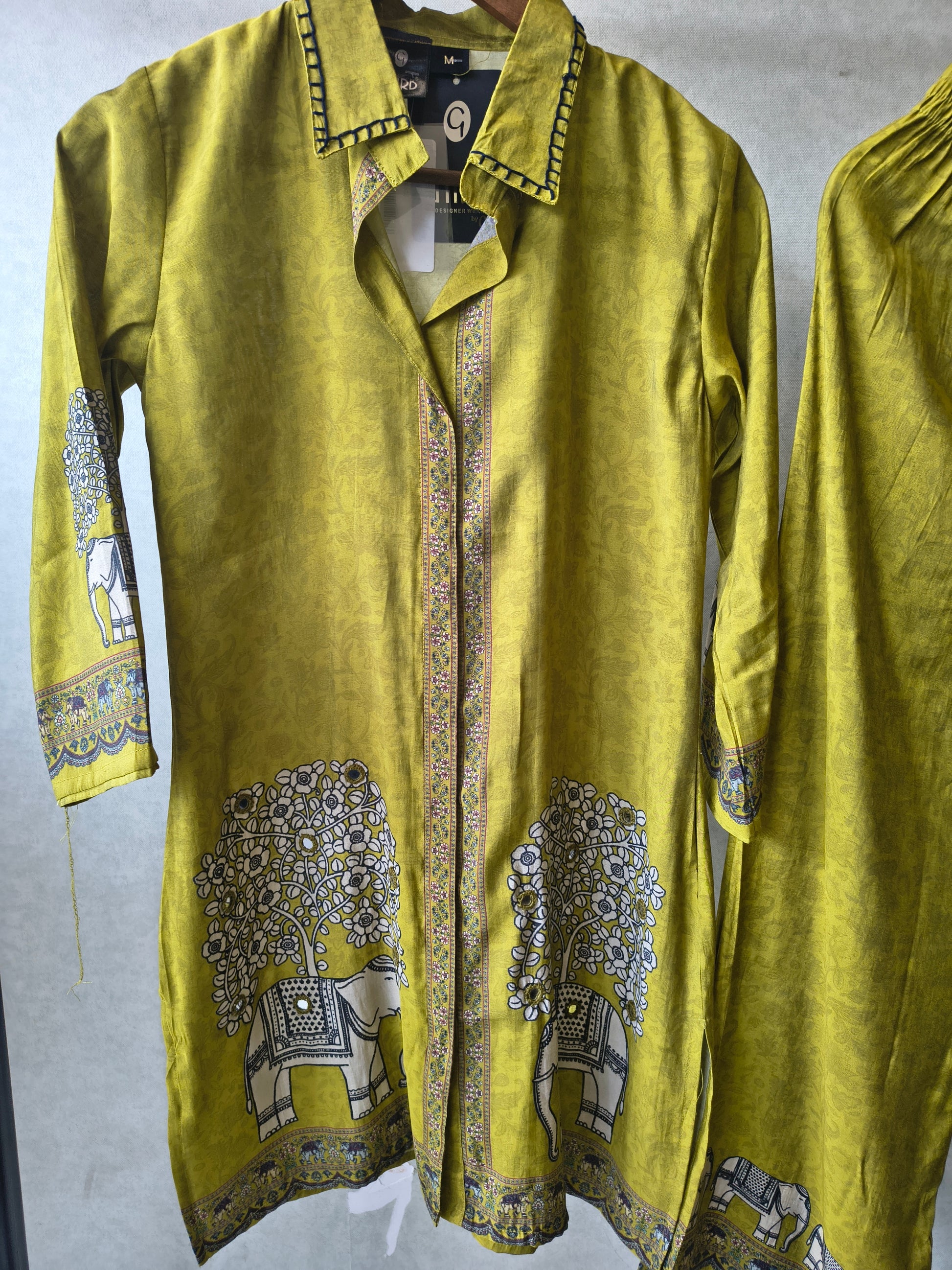 Mustard Yellow Elephant Print Designer Co-Ord Set with Asymmetrical Hem
