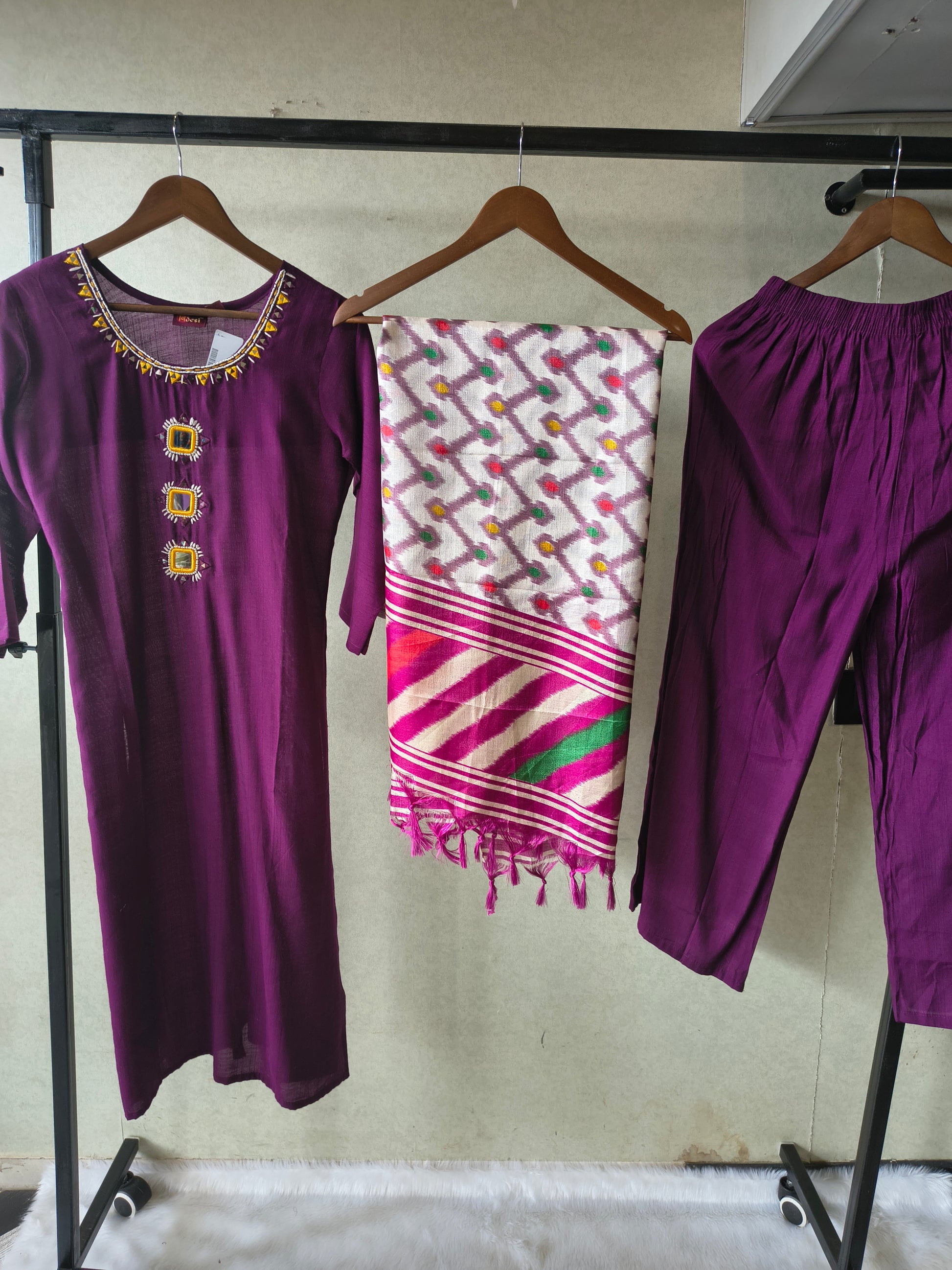 Premium Royal Purple Straight Kurta Set with Mirror Work Neckline, Solid Pants & Ikat Printed Dupatta