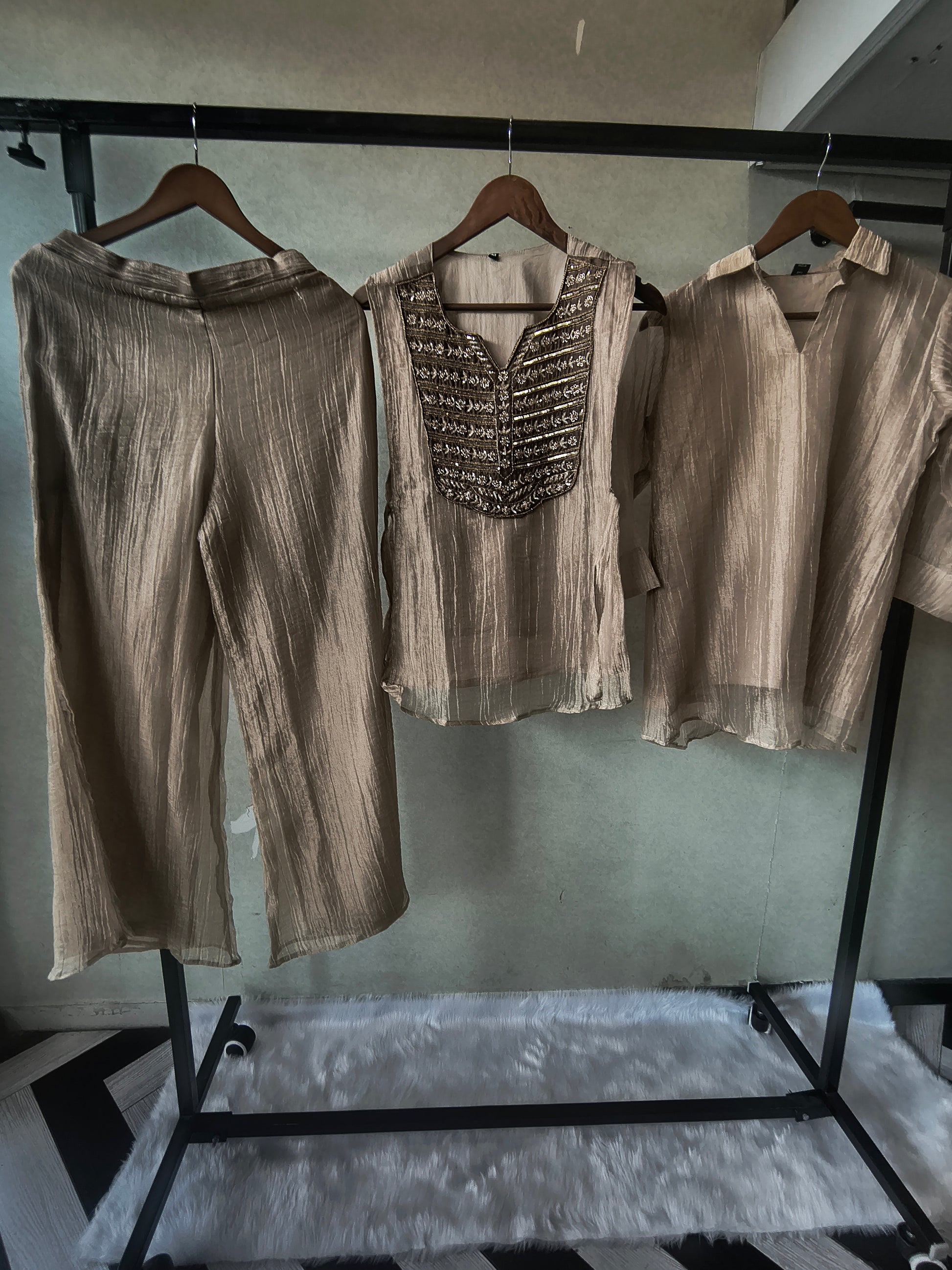 Premium Champagne Gold Tissue Silk 3-Piece Co-Ord Set with Antique Zari Embroidered Jacket, Inner & Palazzo