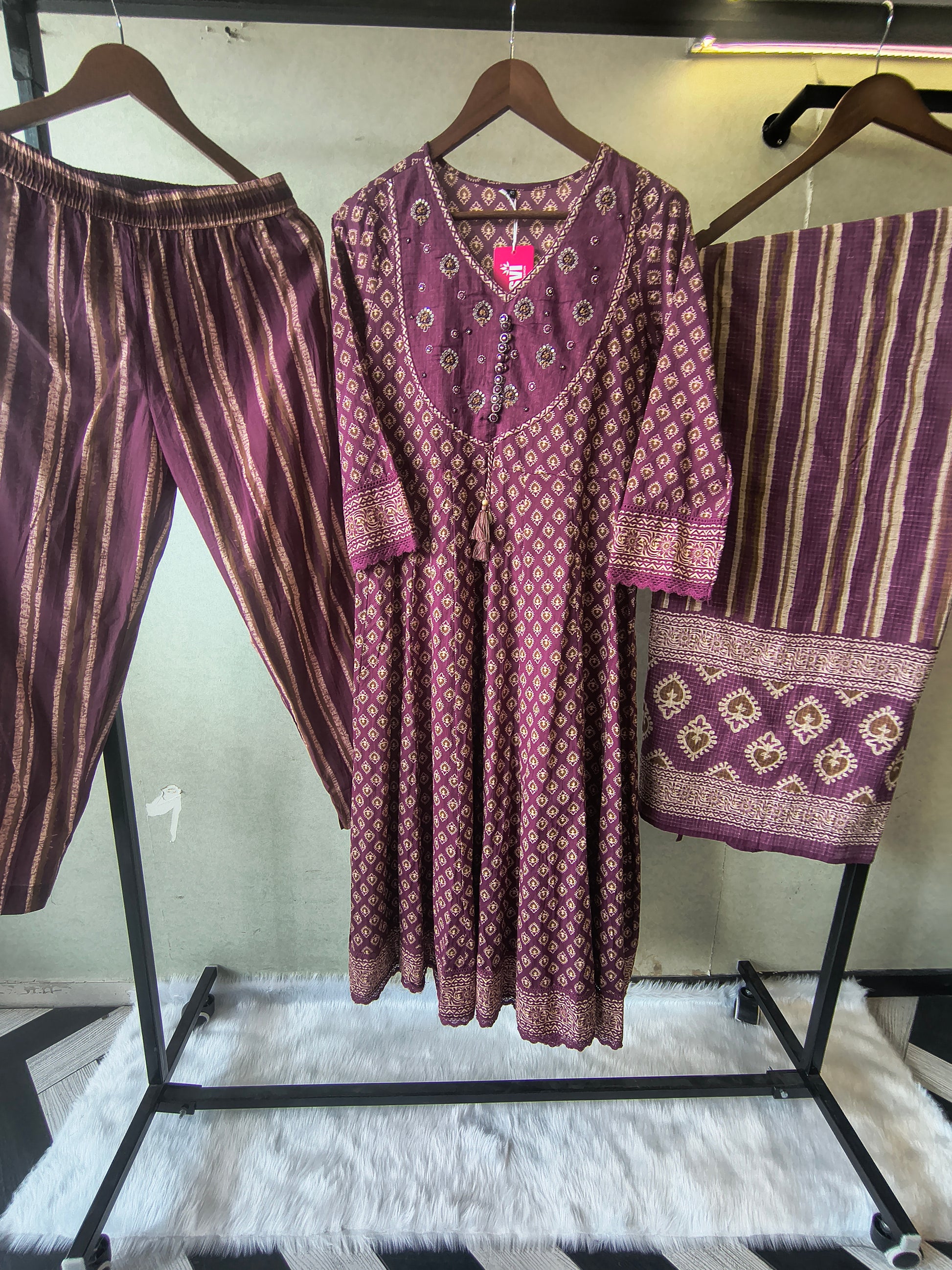 Plum Printed Cotton Anarkali Suit Set with Striped Pants & Dupatta
