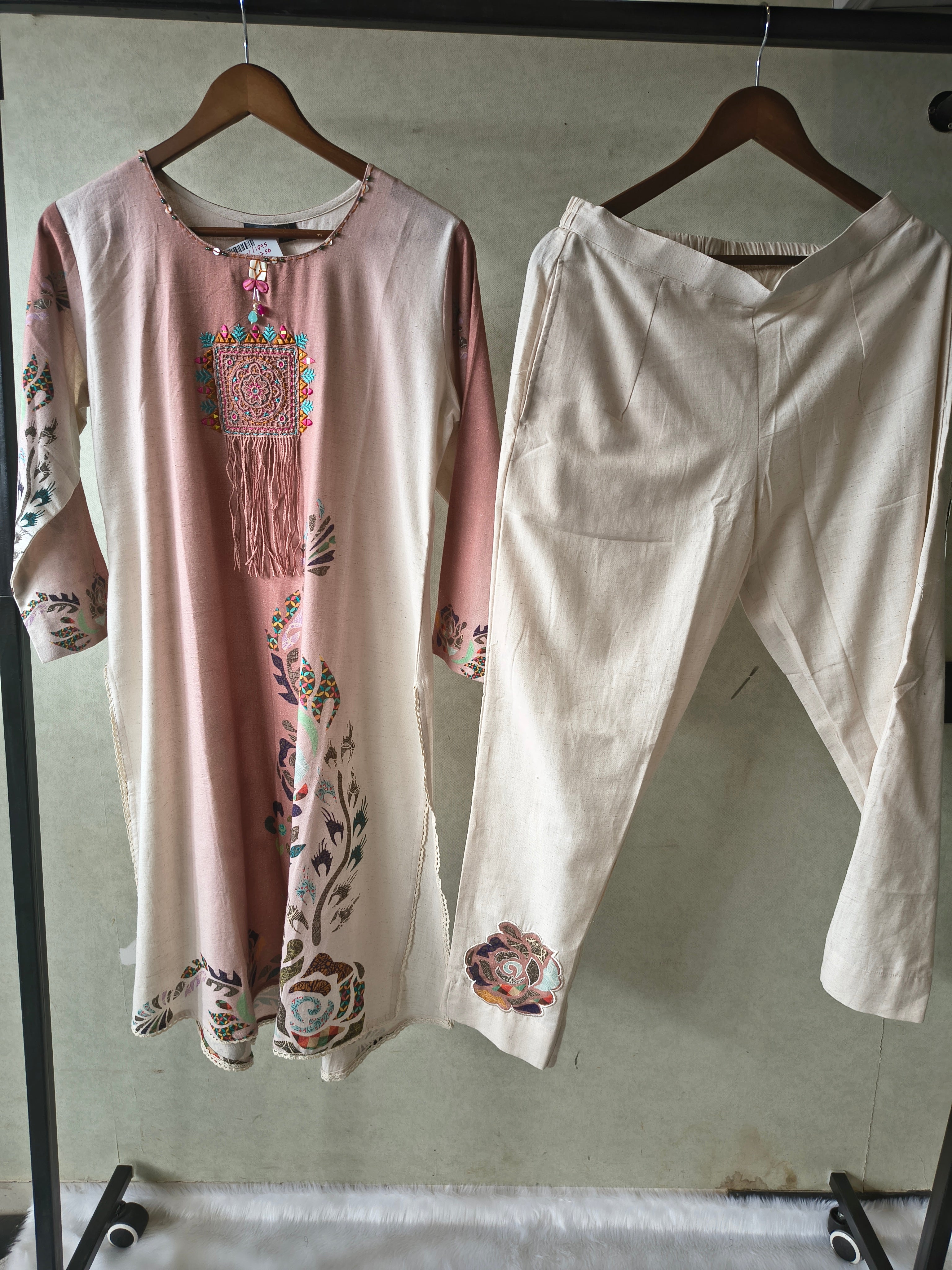 Image of Premium Blush Pink Linen Blend Kurta Set with Handcrafted Embroidered Tassel Patch & Embroidered Pants