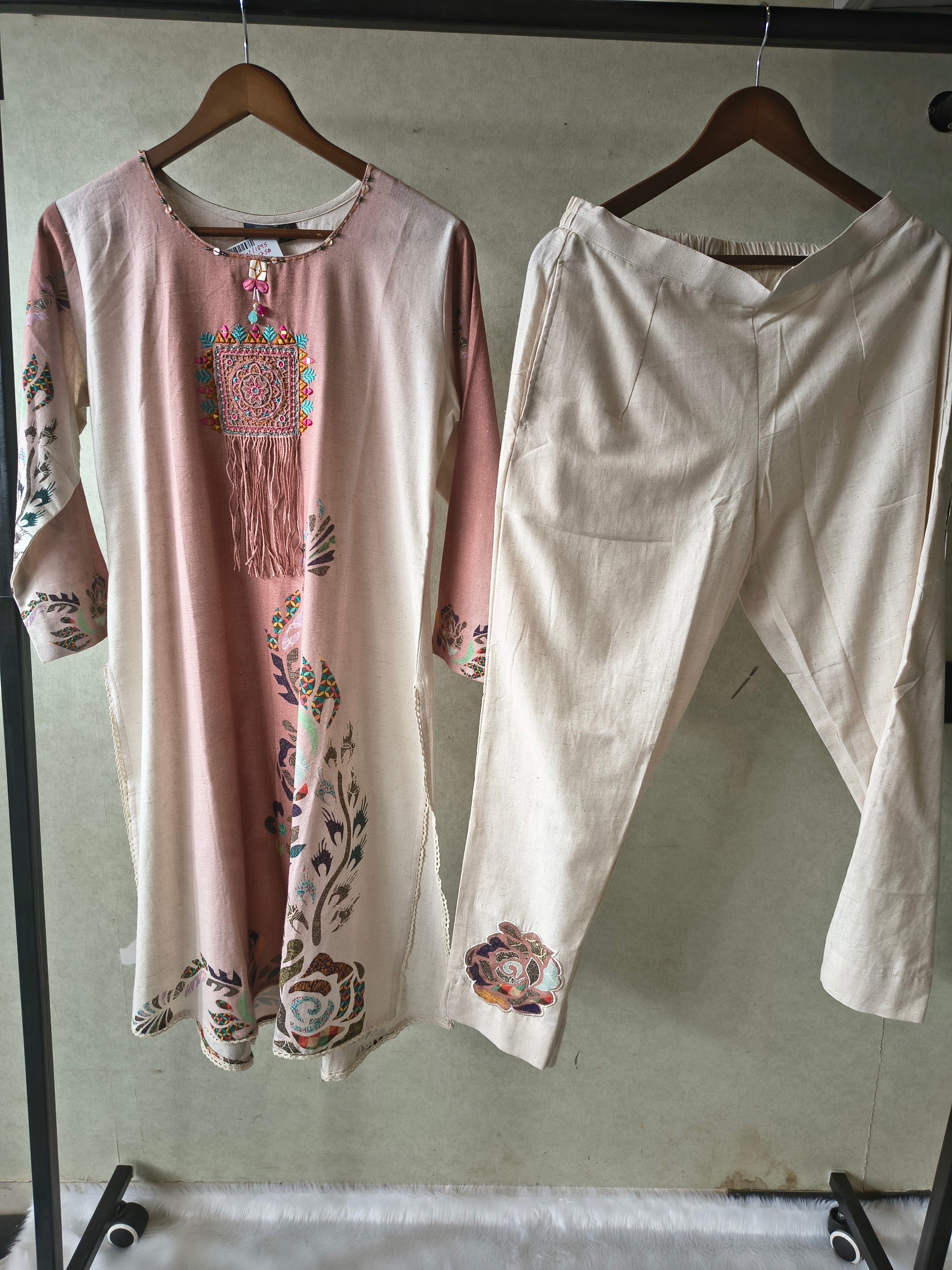 Premium Blush Pink Linen Blend Kurta Set with Handcrafted Embroidered Tassel Patch & Embroidered Pants