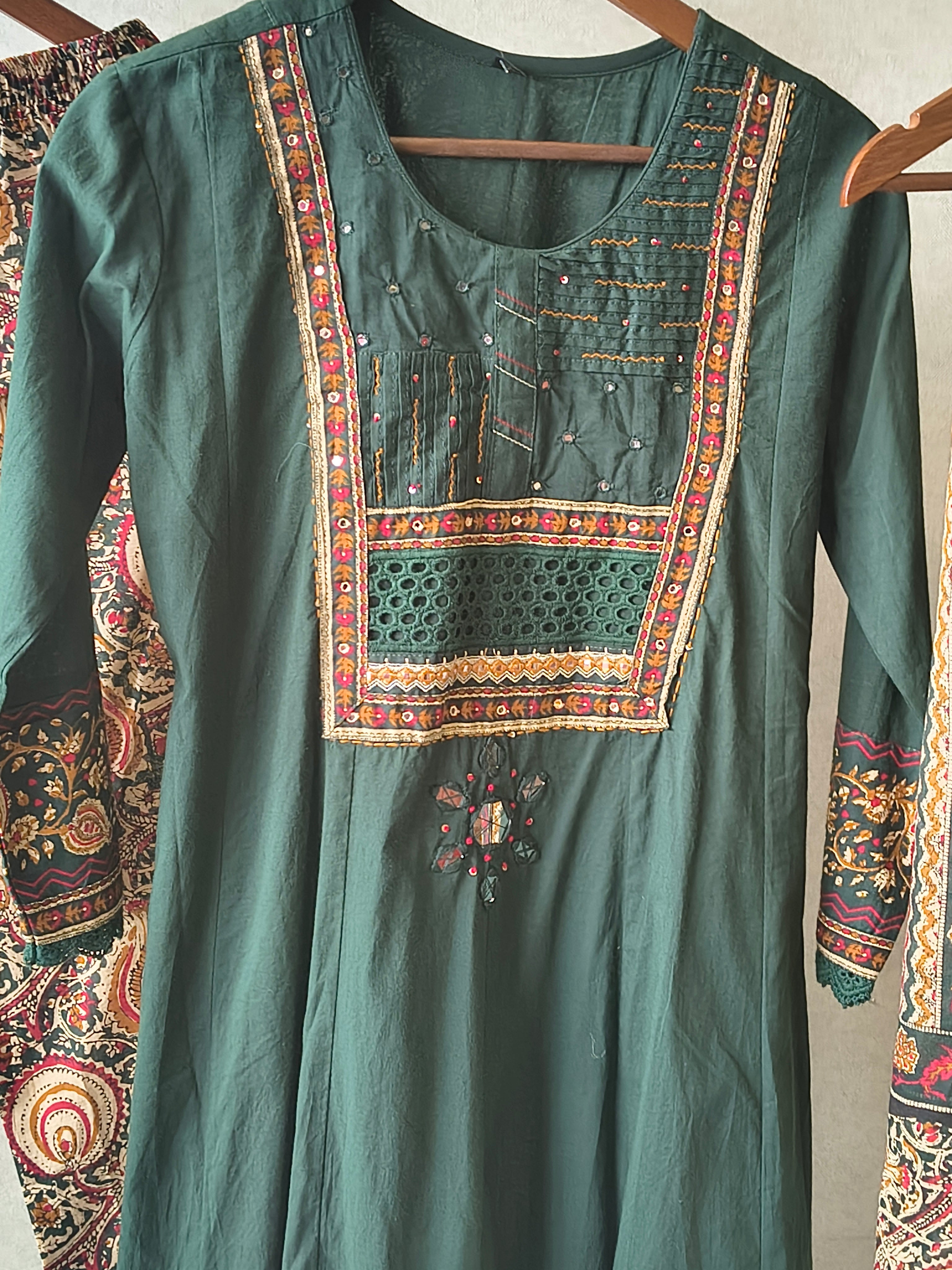 Image of Emerald Green Embroidered Three-Piece Kurta Set with Printed Pant & Designer Dupatta