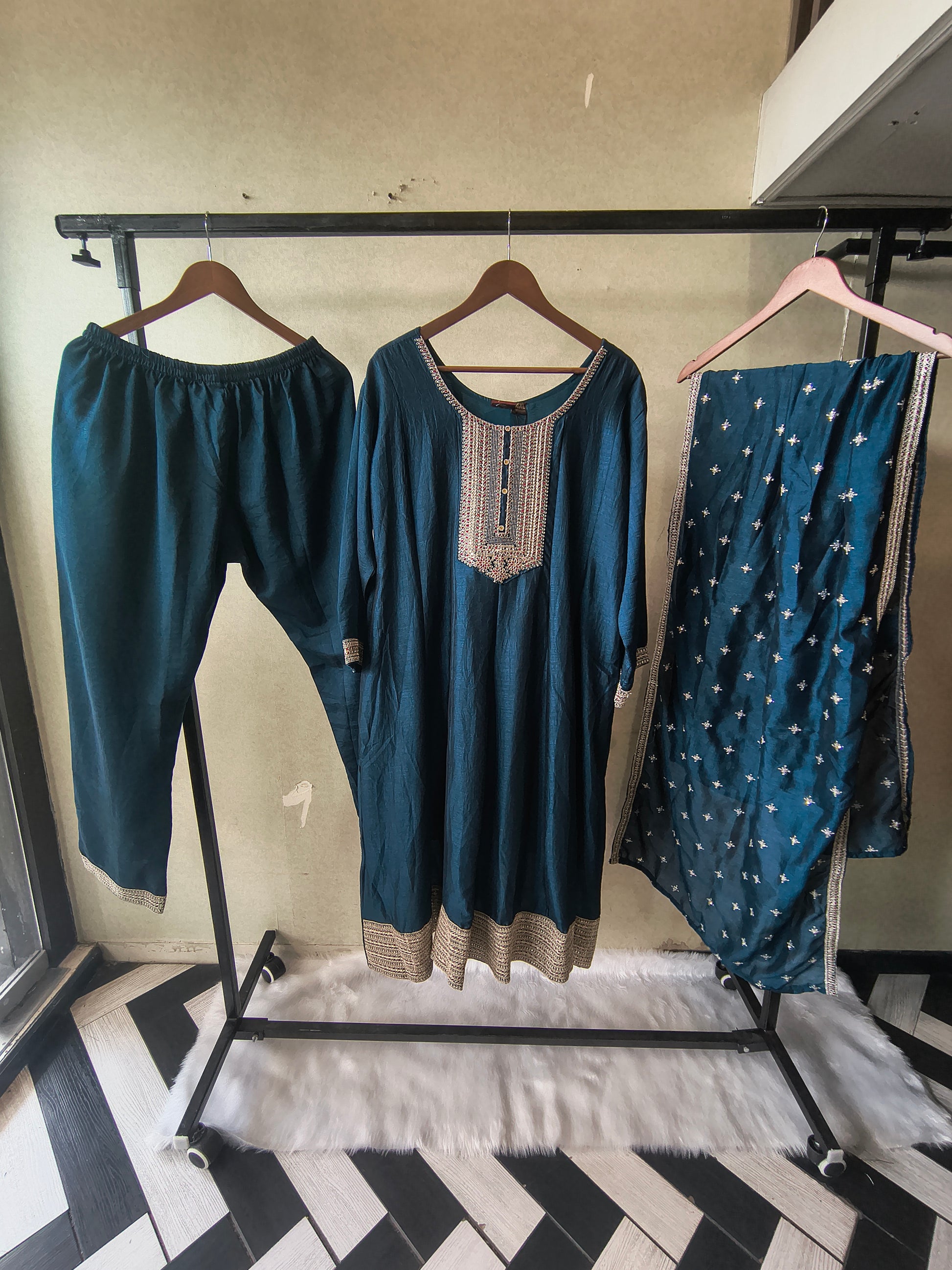 Premium Teal Blue Embroidered Kurta Set with Dupatta
