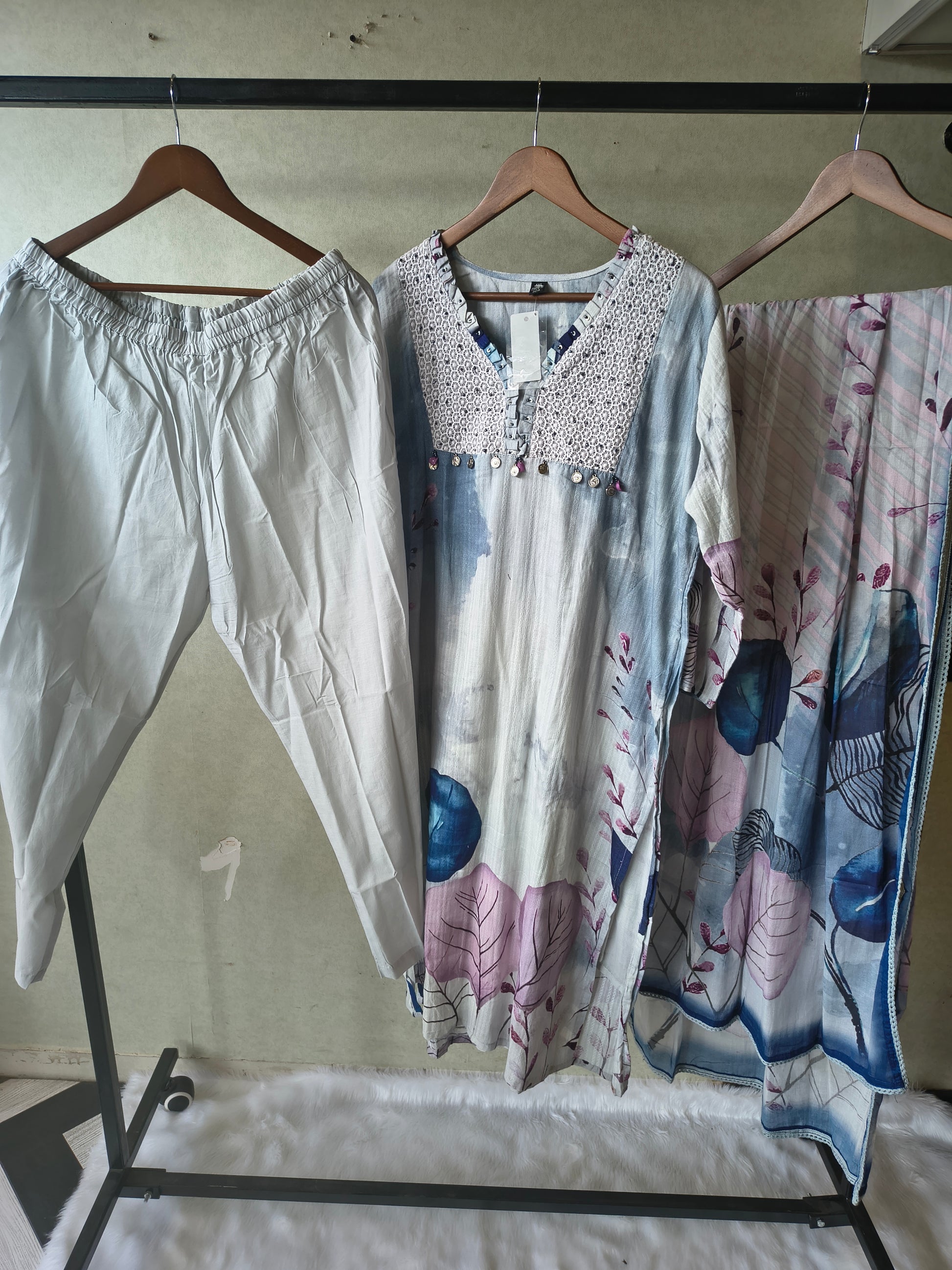 Premium Ice Blue Floral Printed Straight Kurta Set with Crochet Yoke, Straight Pants & Designer Dupatta
