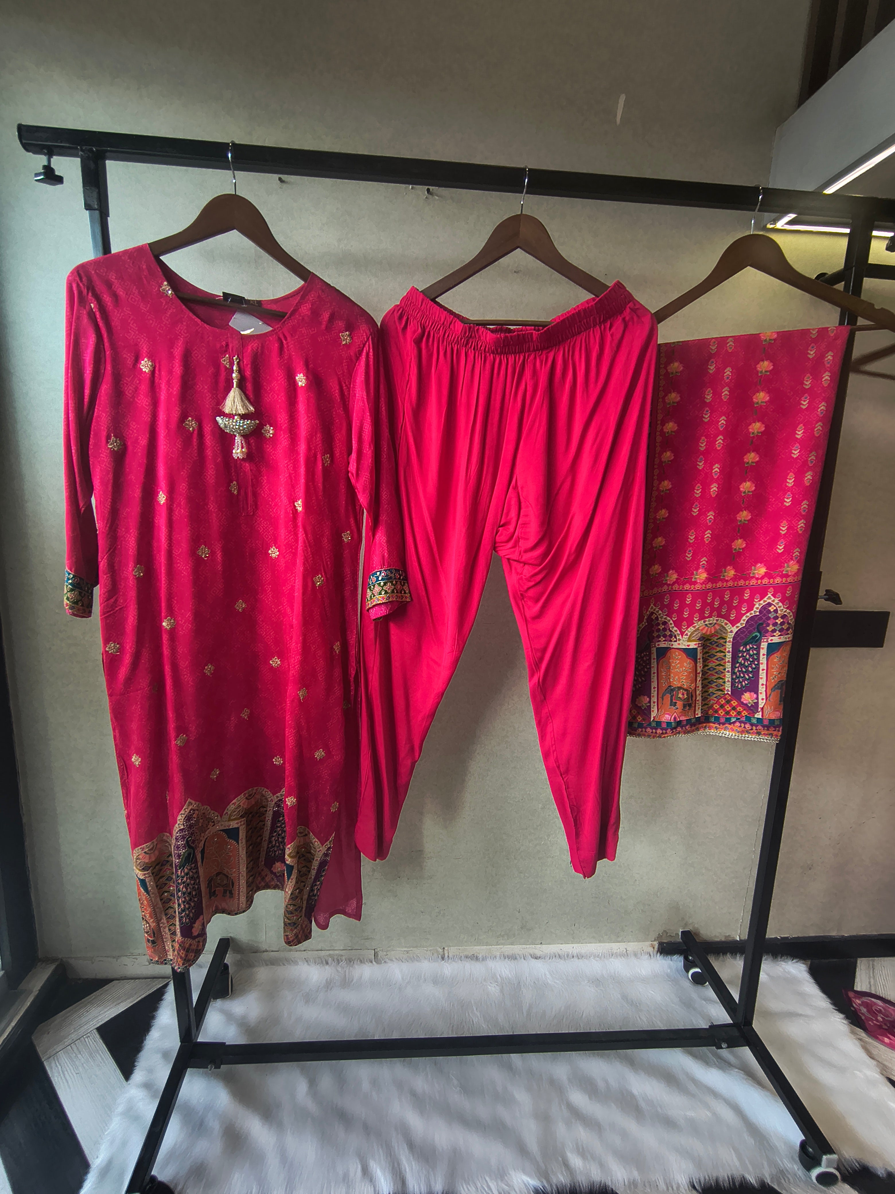 Image of Premium Rani Pink Printed Straight Kurta with Cigarette Pants & Dupatta Set