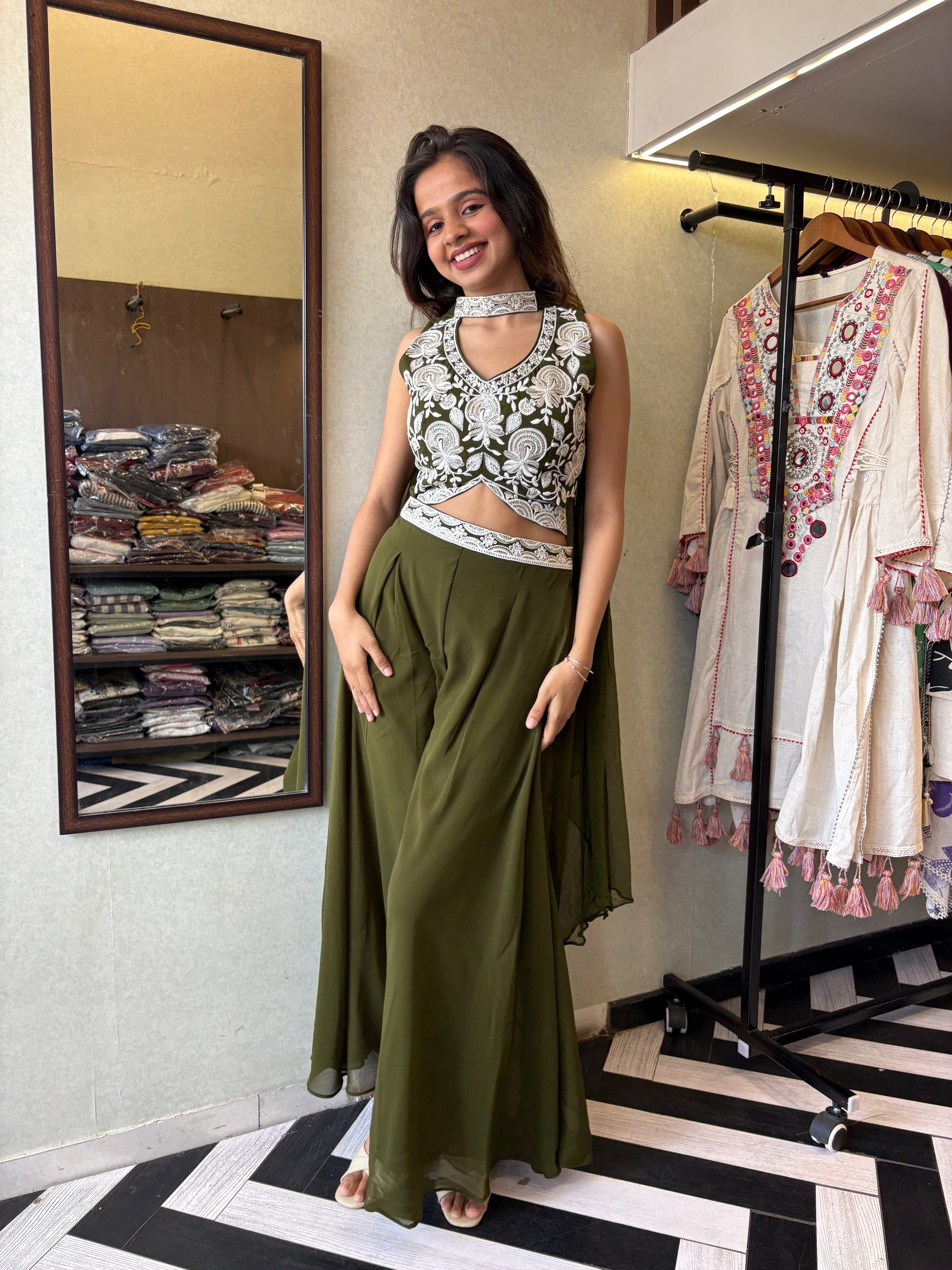 Our 2-piece Indo-Western stunner - crafted in pure georgette with a fully embroidered blouse and a beautifully flowing drape-style bottom that blends Indian grace with modern charm!