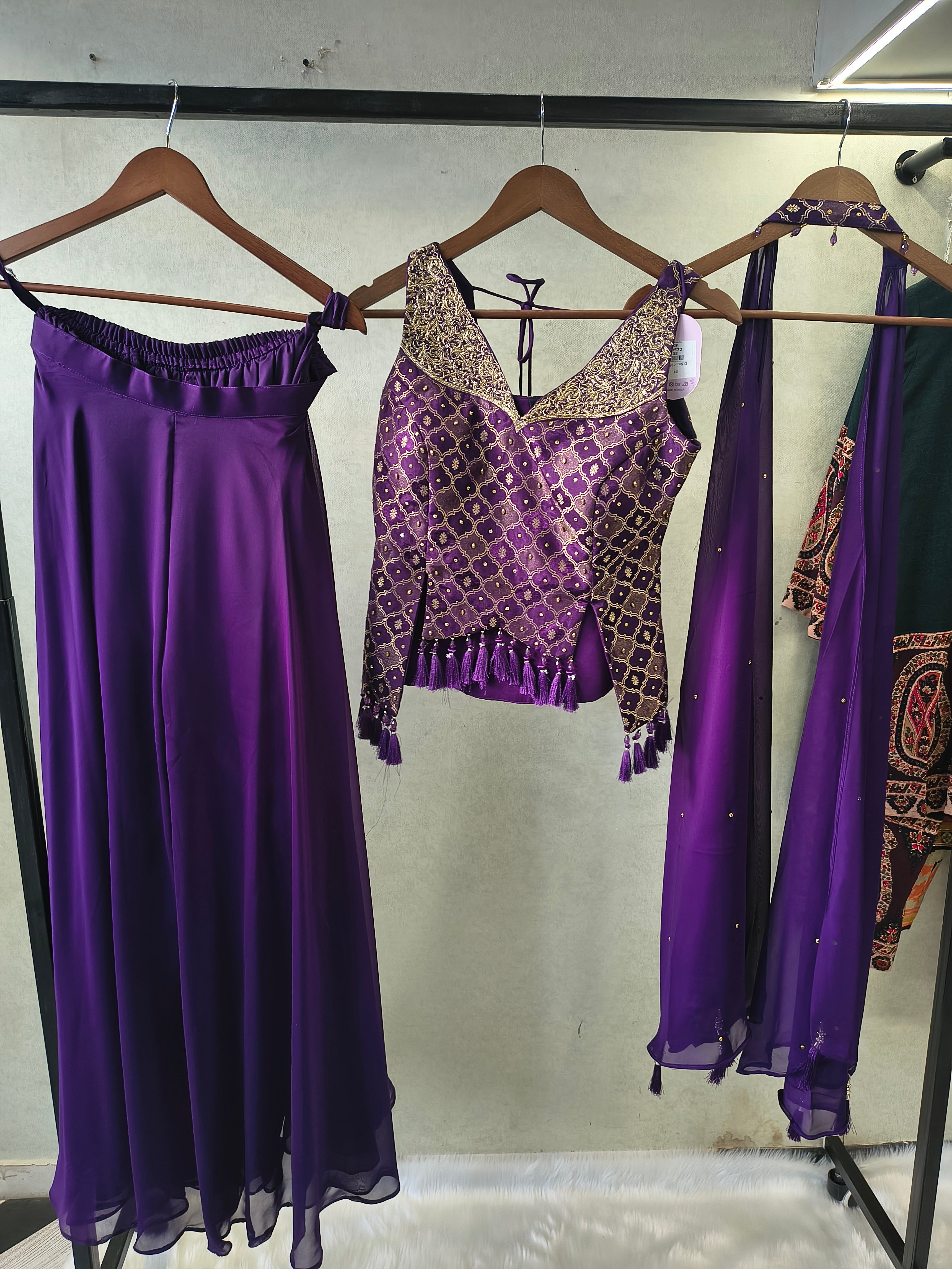 Image of Royal Purple Brocade Blouse with Flared Palazzo & Embellished Choker Dupatta – 3 Piece Designer Indo-Western Set