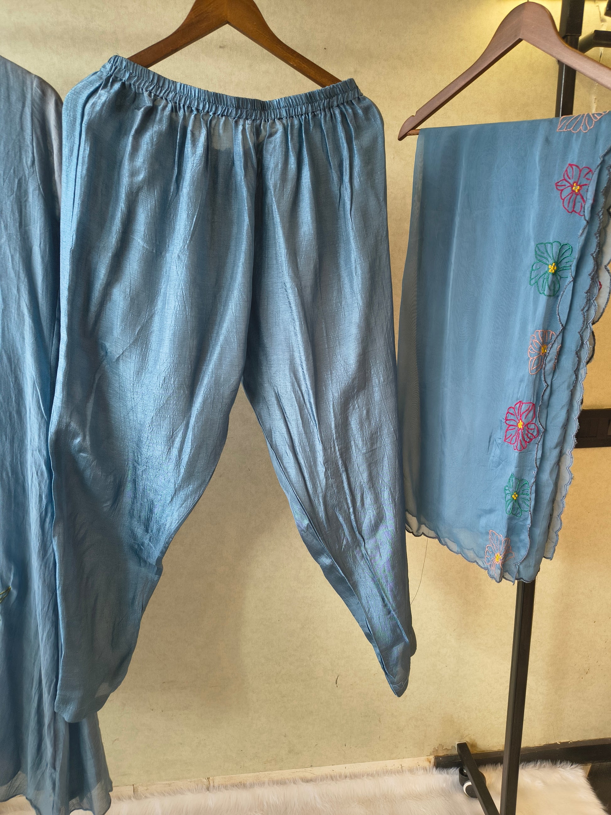 Premium Steel Blue Embroidered Straight Kurta with Dhoti Pants & Embroidered Organza Dupatta Set
