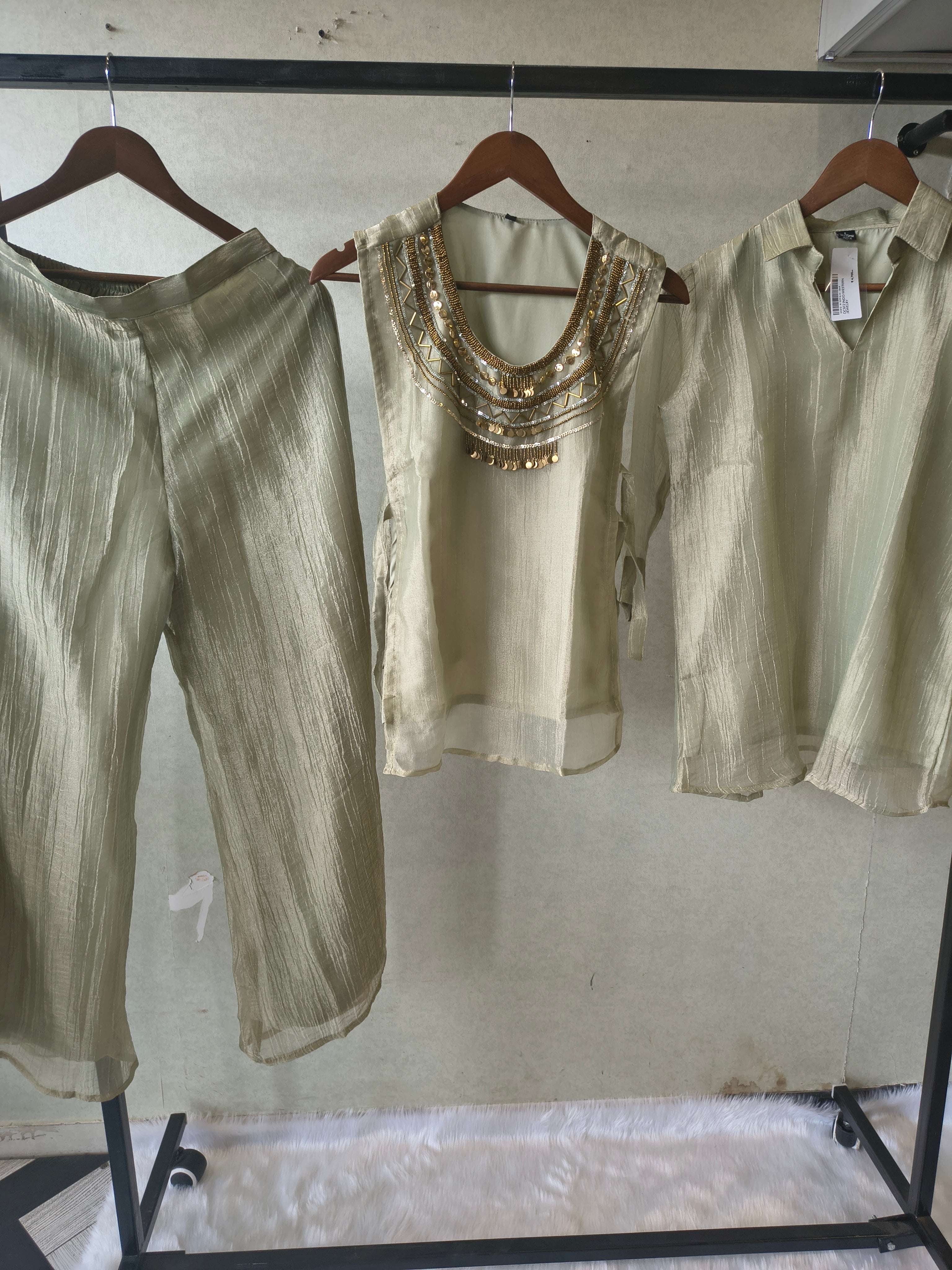 Image of Premium Sage Grey Tissue Silk 3-Piece Co-Ord Set with Antique Hand Embellished Jacket, Inner & Palazzo