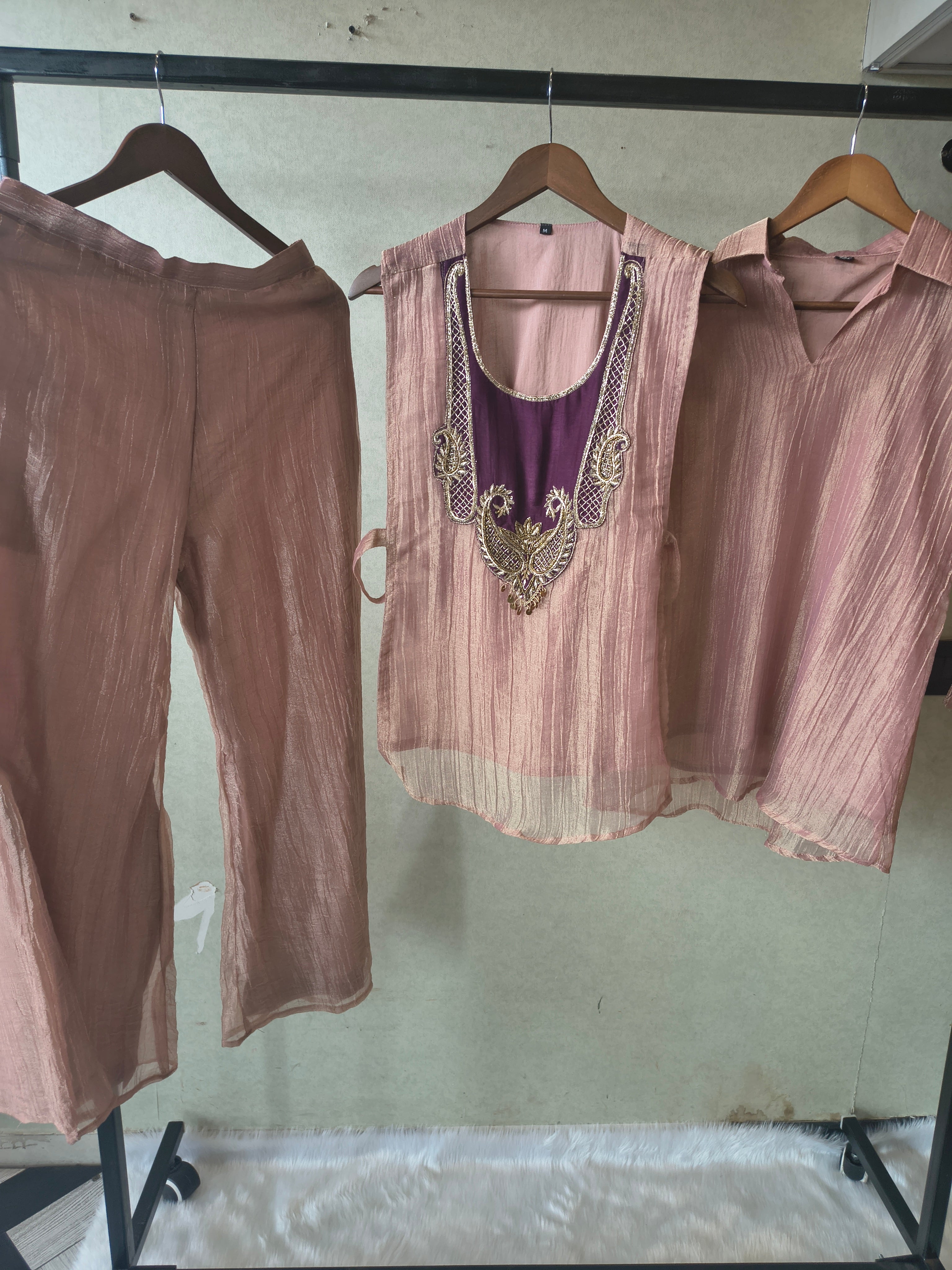 Image of Premium Champagne Tissue Silk Embroidered Kurta with Hand Embellished Statement Yoke (Copy)