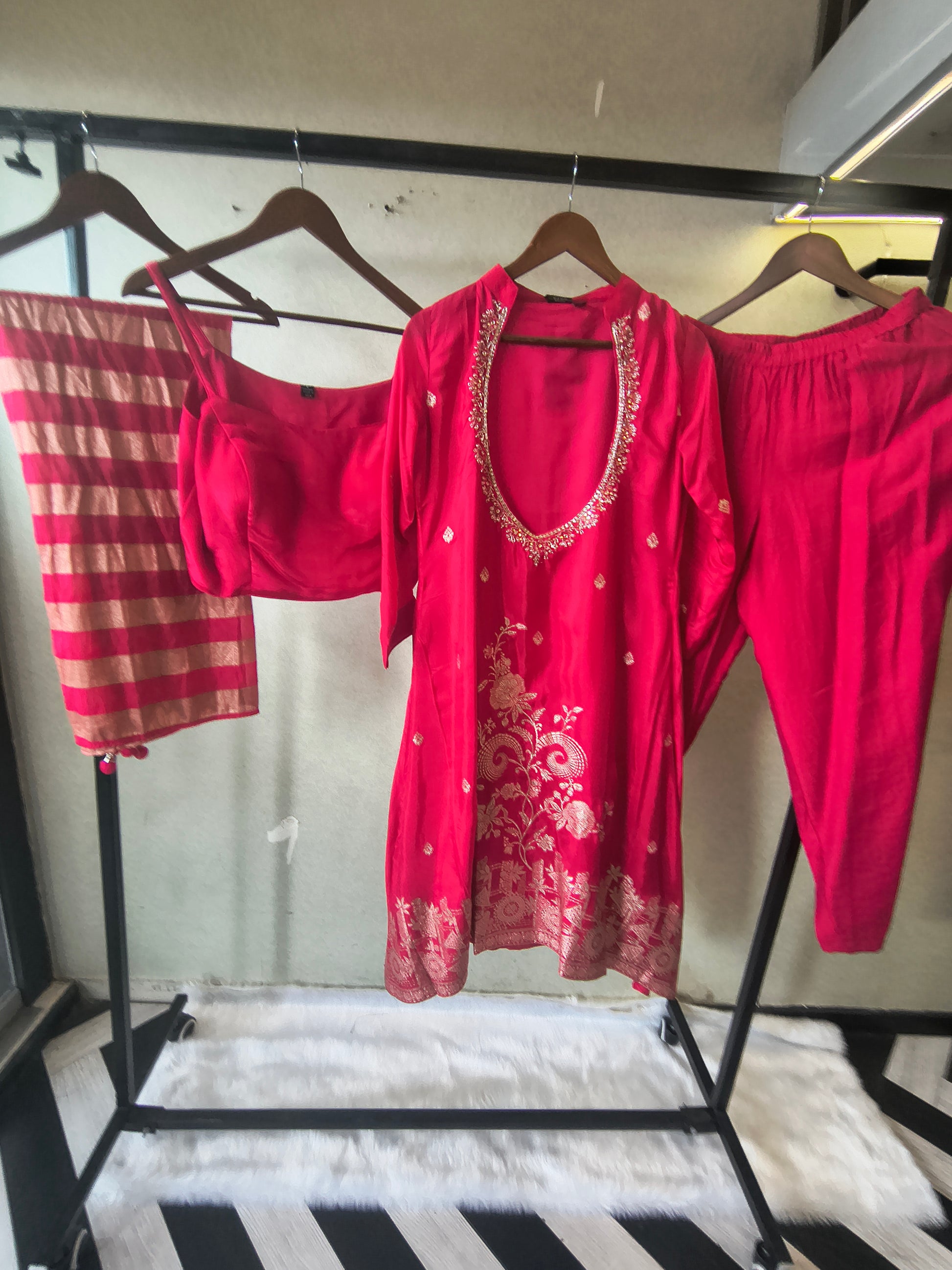 Rani Pink Embroidered Asymmetrical Kurta with Inner, Cigarette Pants & Metallic Striped Dupatta – 4 Piece Designer Festive Set