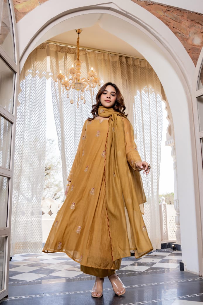 Image of Pure Mull Chanderi 3 Piece Anarkali Set