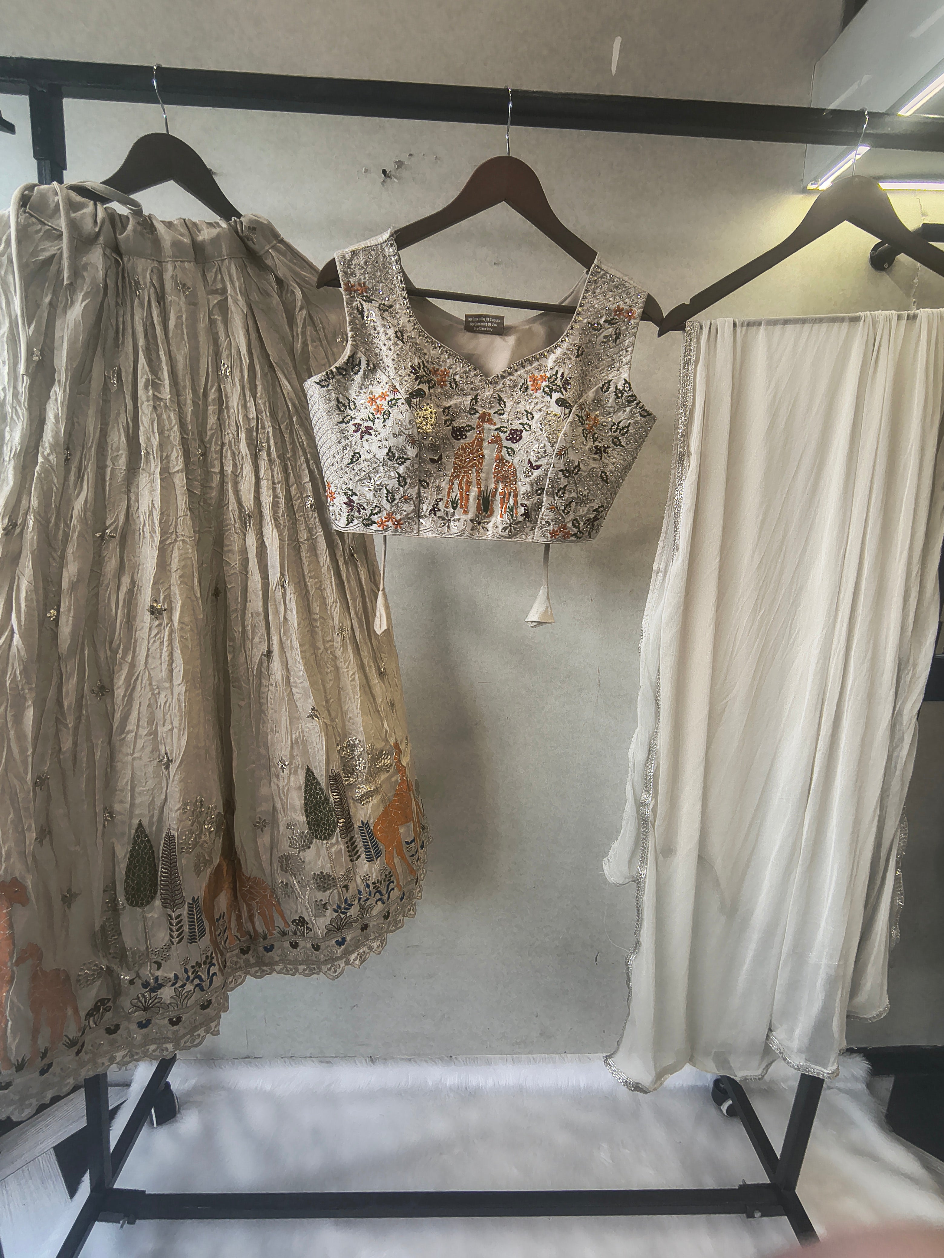 Image of Ivory Grey Hand-Embroidered Designer Lehenga Set with Statement Blouse & Soft Organza Dupatta | Premium Wedding Collection