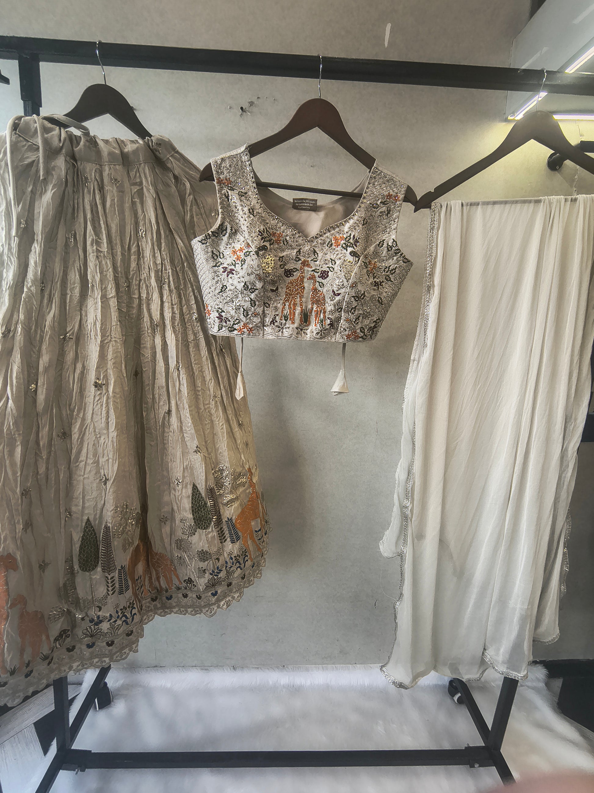 Ivory Grey Hand-Embroidered Designer Lehenga Set with Statement Blouse & Soft Organza Dupatta | Premium Wedding Collection