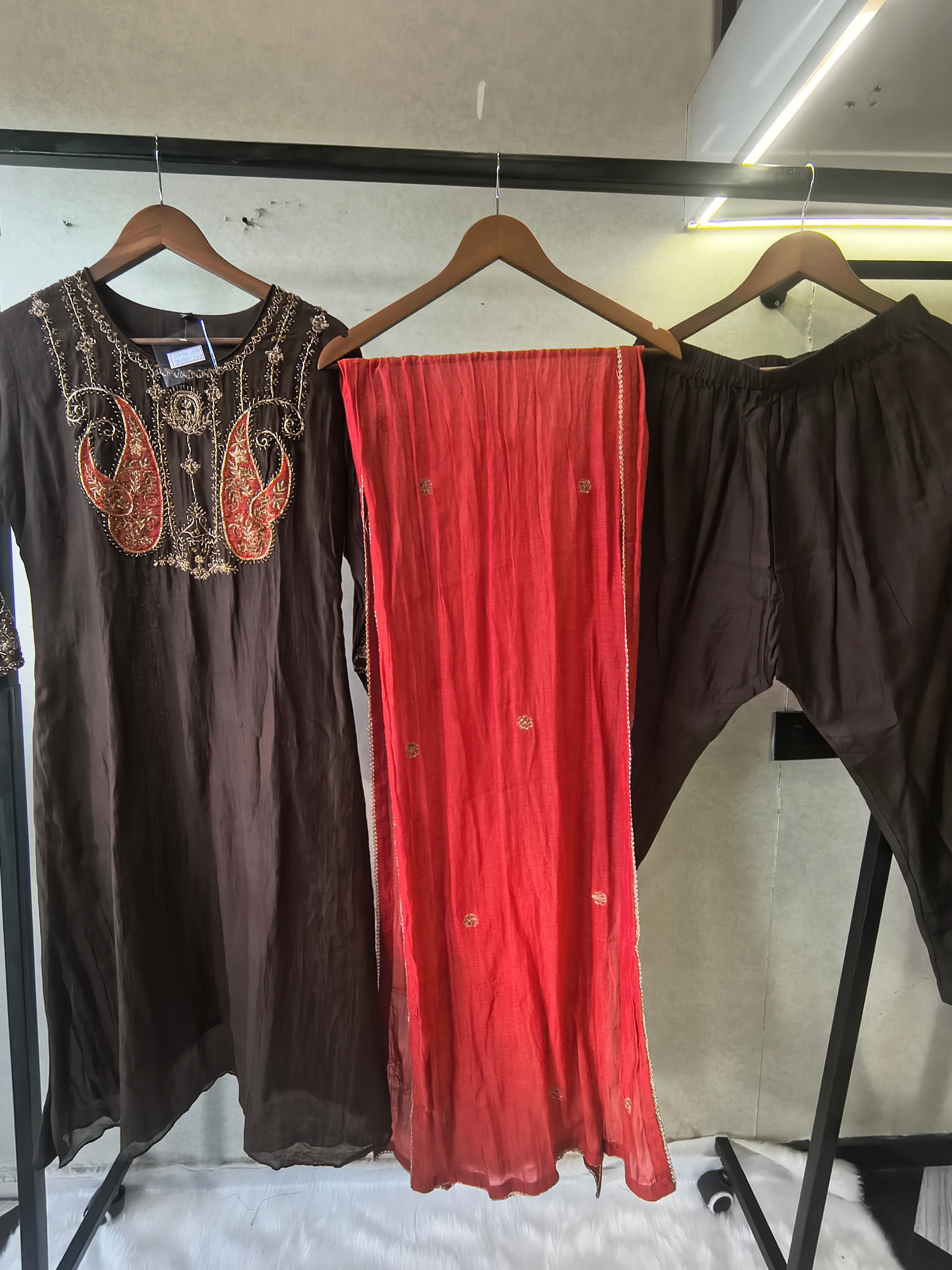 Image of Midnight Black Embroidered Straight Kurta Set with Statement Paisley Yoke, Contrast Crimson Dupatta & Premium 3 Piece Ethnic Ensemble