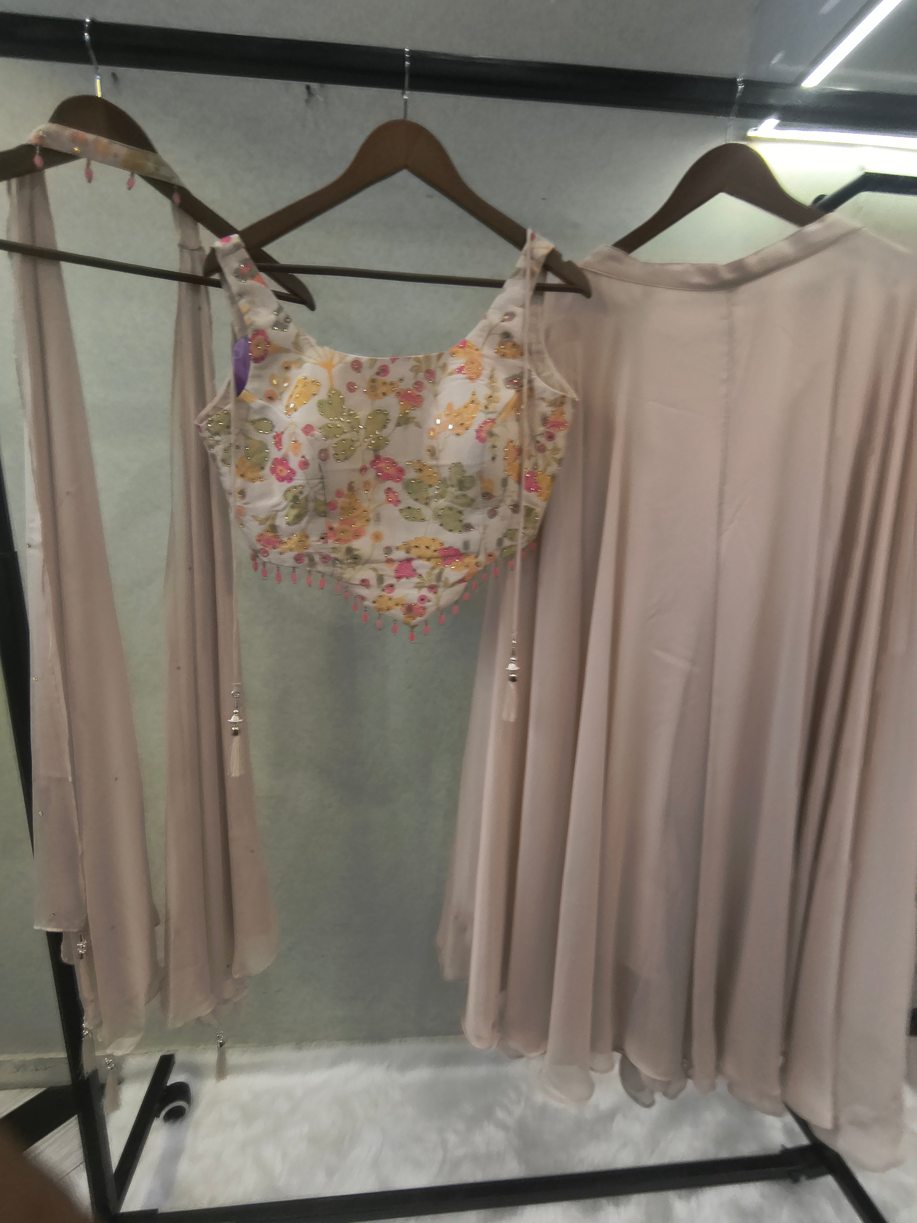 Image of Blush Pink Floral Embroidered Blouse with Flared Palazzo & Choker Dupatta – 3 Piece Designer Indo-Western Set