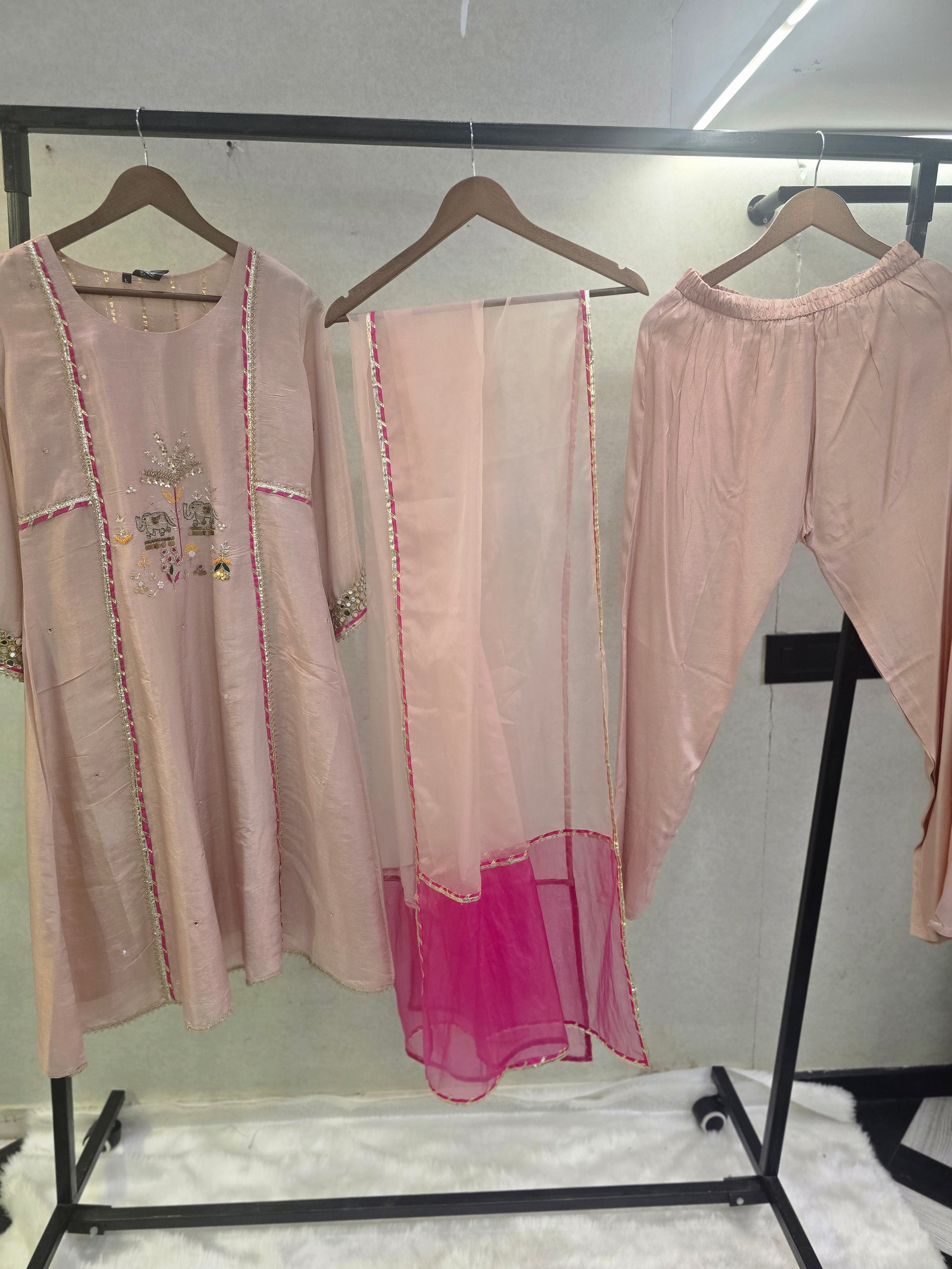 Blush Pink Hand-Embroidered Kurta Set with Contrast Organza Dupatta | Premium 3 Piece Ethnic Suit