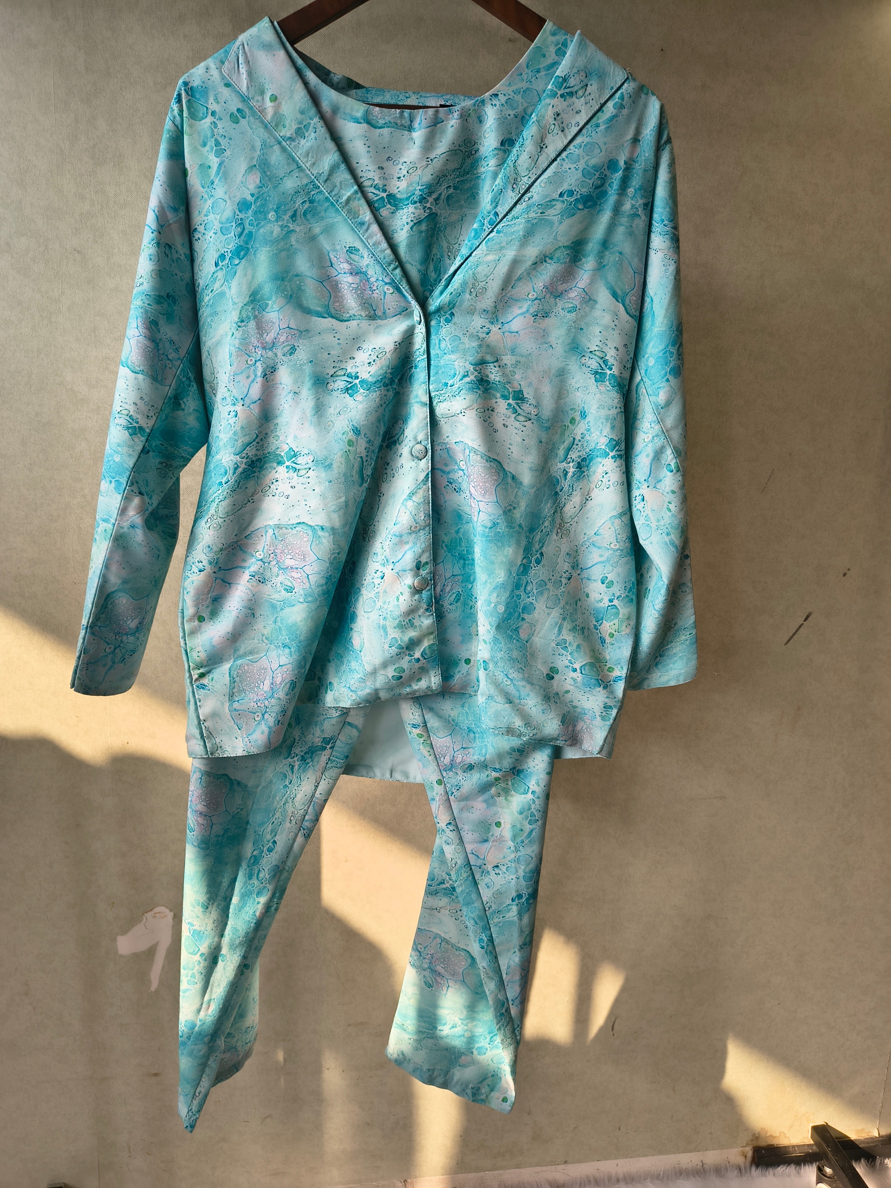 Image of Premium Aqua Marble Print Blazer, Crop Top & Straight Pants Co-Ord Set