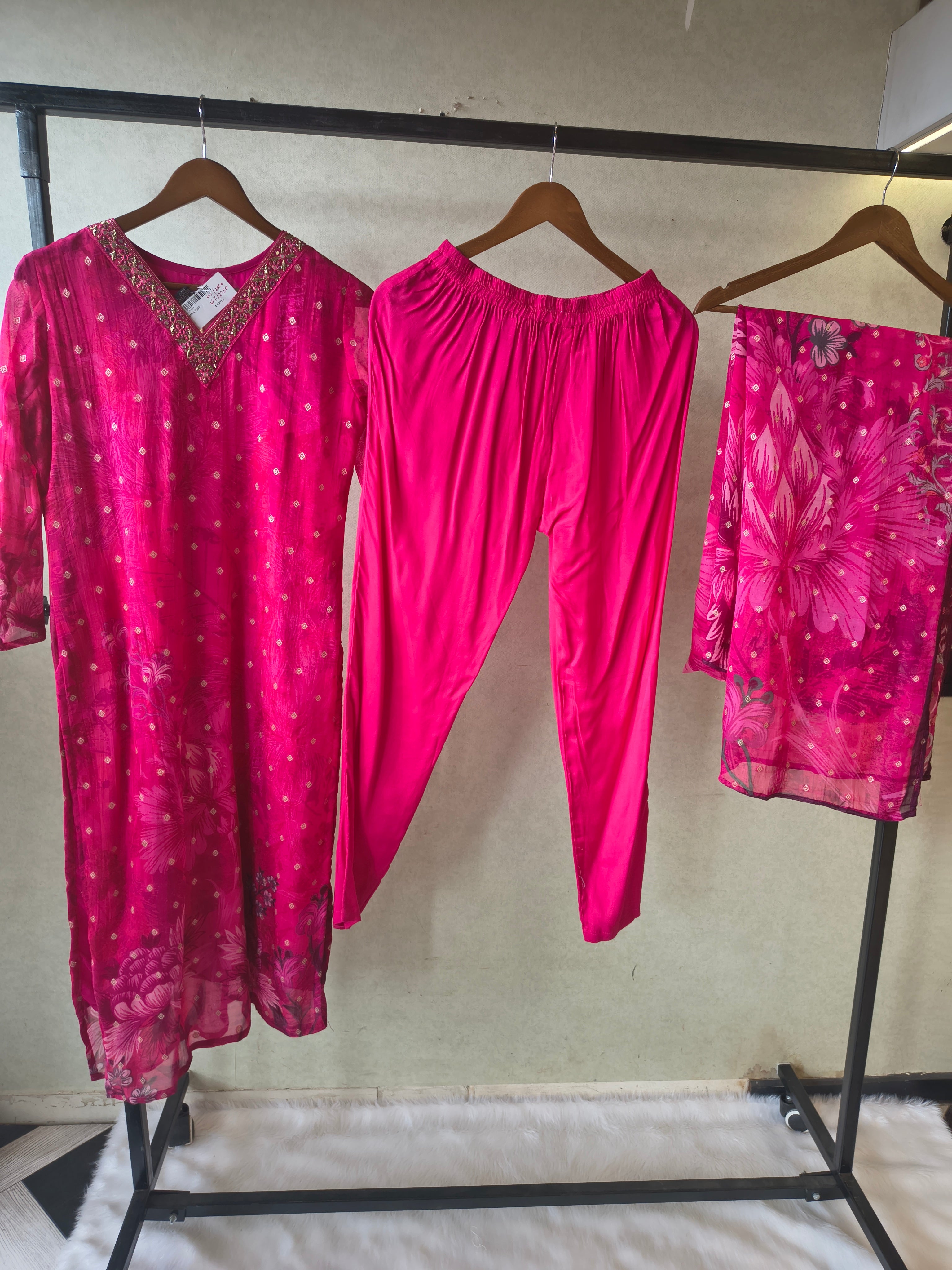 Image of Premium Fuchsia Floral Printed Straight Kurta with Cigarette Pants & Dupatta Set