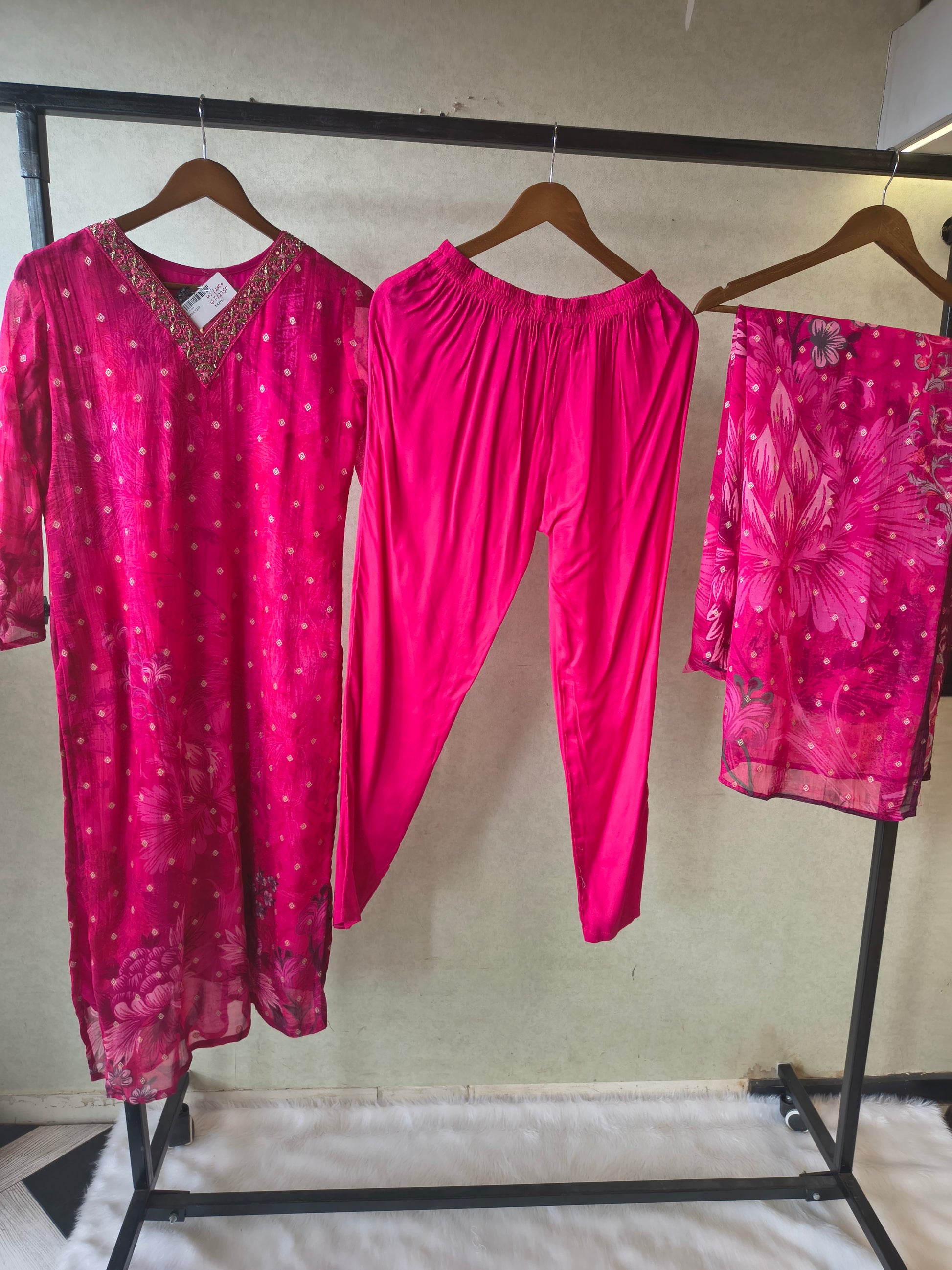 Premium Fuchsia Floral Printed Straight Kurta with Cigarette Pants & Dupatta Set