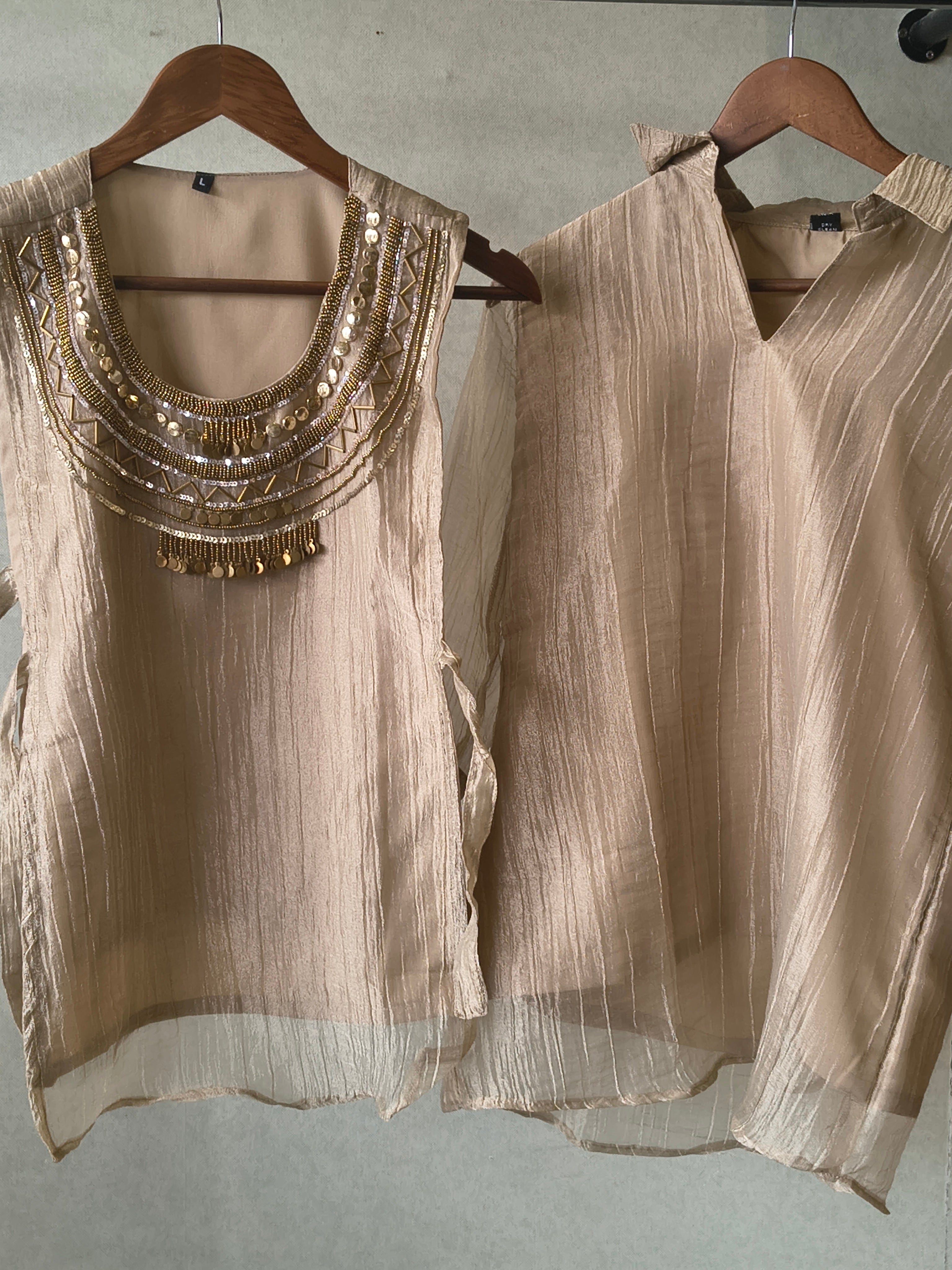 Image of Premium Champagne Tissue Silk 3-Piece Co-Ord Set with Statement Hand Embellished Jacket, Inner & Palazzo