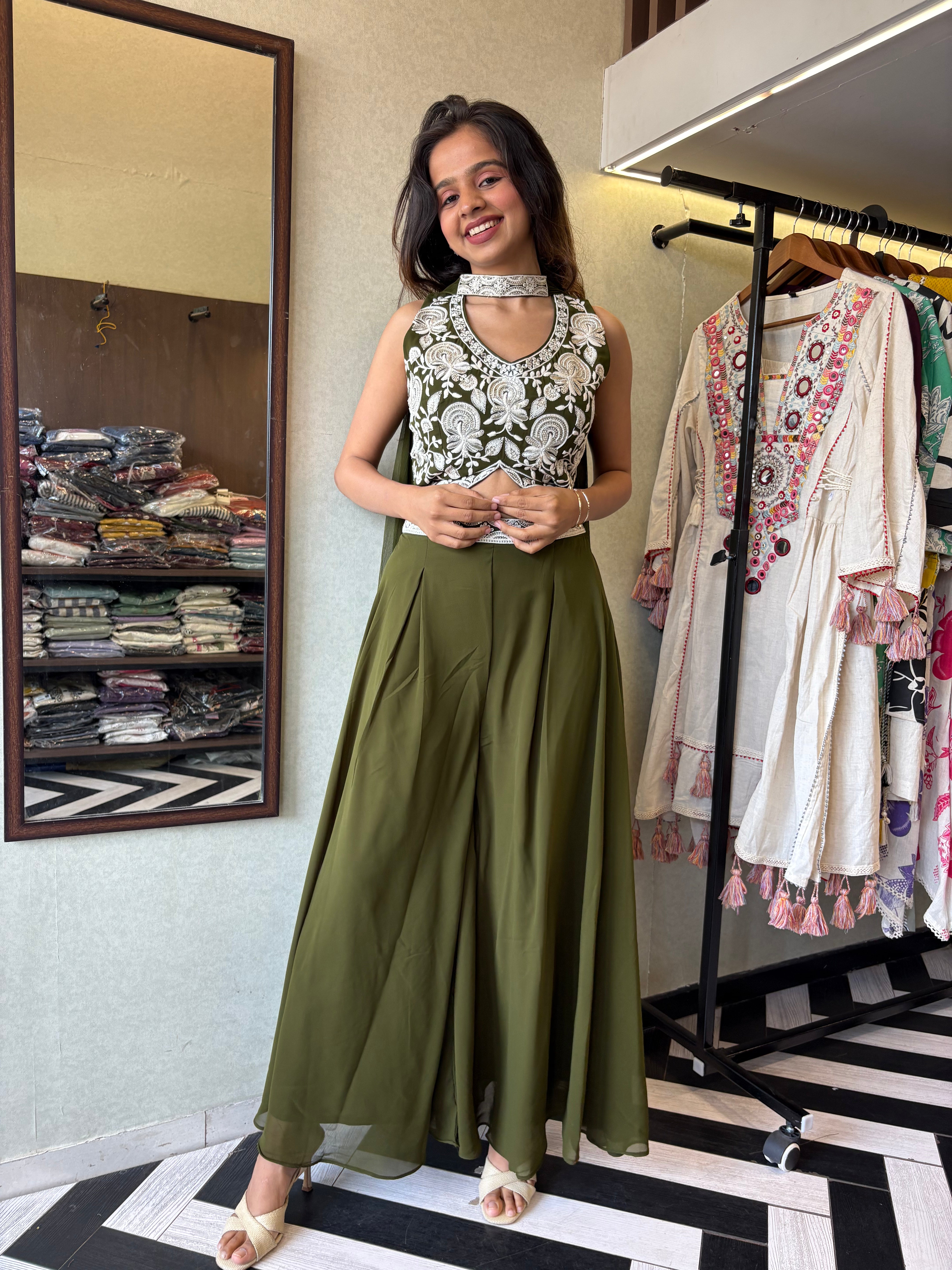 Image of Our 2-piece Indo-Western stunner - crafted in pure georgette with a fully embroidered blouse and a beautifully flowing drape-style bottom that blends Indian grace with modern charm!