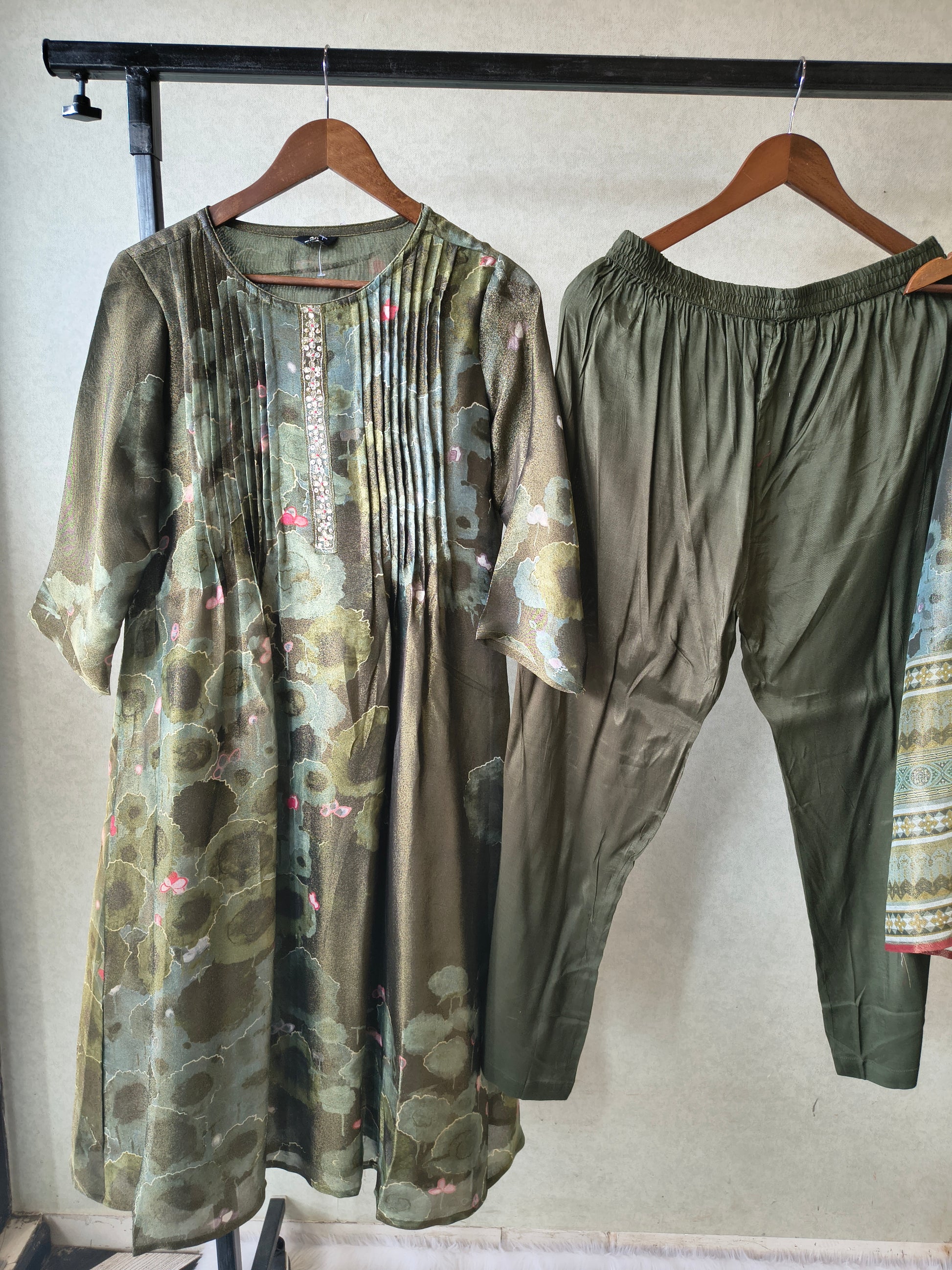 Premium Olive Green Abstract Printed A-Line Kurta Set with Dupatta