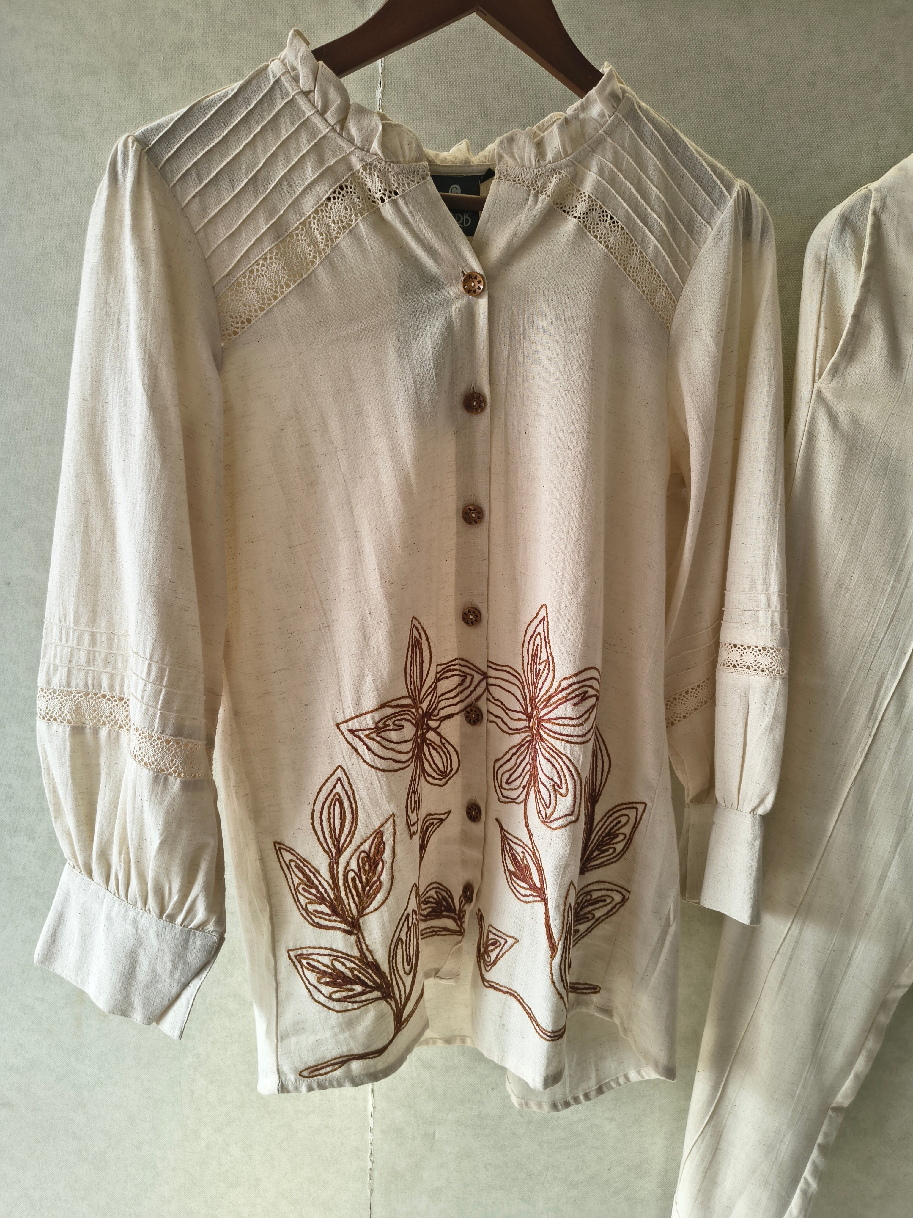 Image of Ivory Botanical Embroidered Pintuck Designer Co-Ord Set