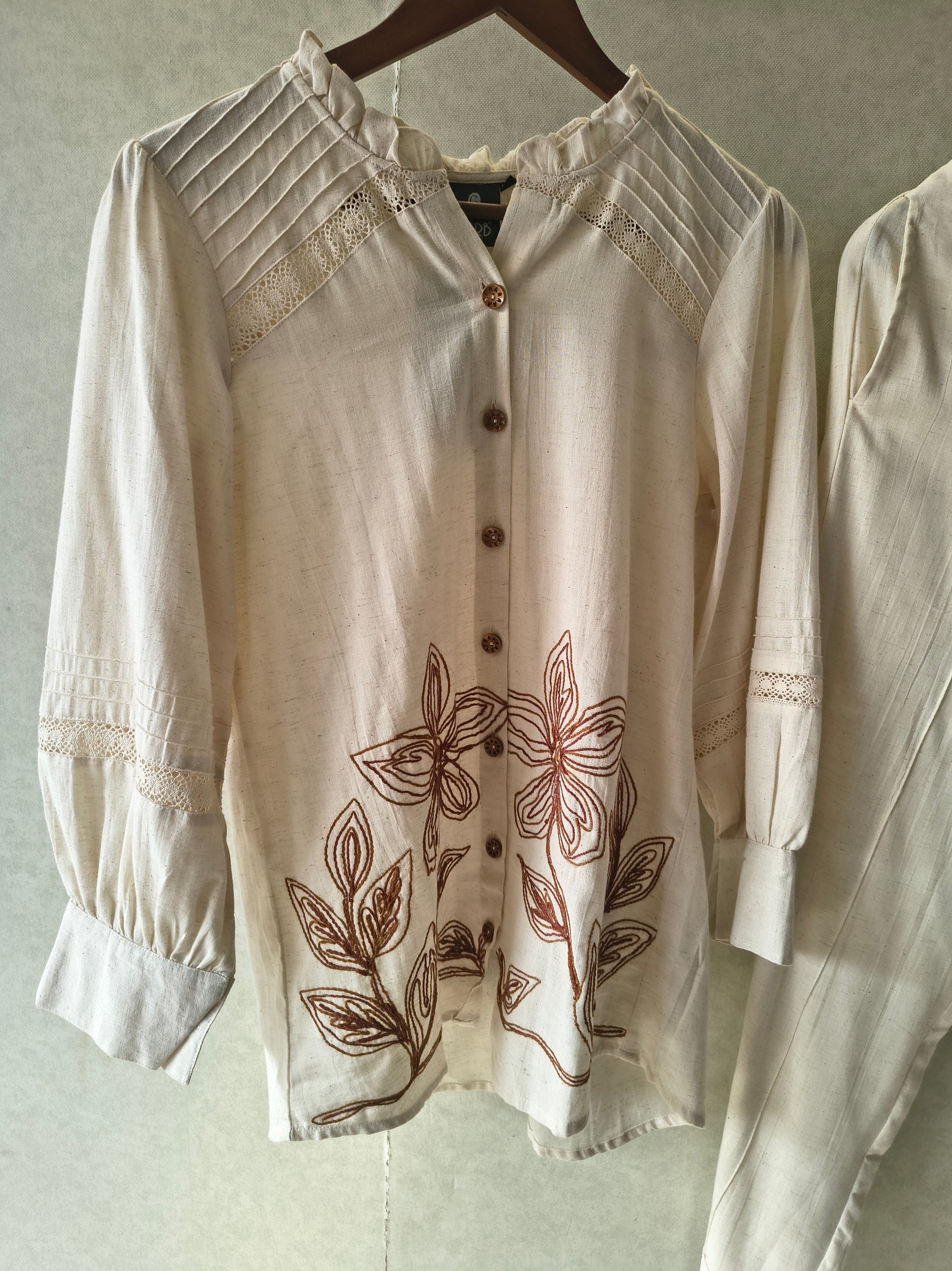 Ivory Botanical Embroidered Pintuck Designer Co-Ord Set