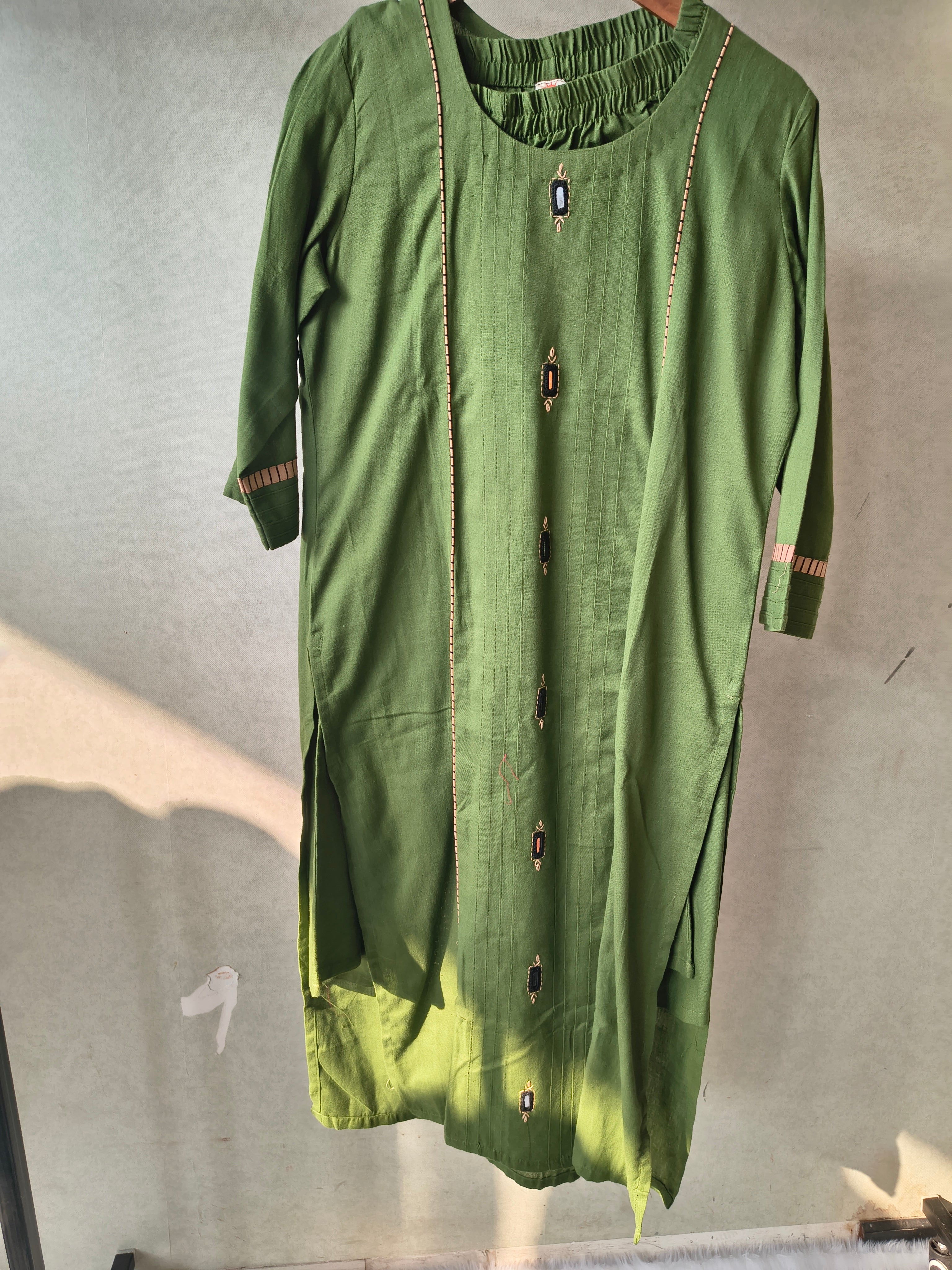Image of Tadko Premium Olive Green Straight Kurta Co-Ord Set with Embellished Yoke