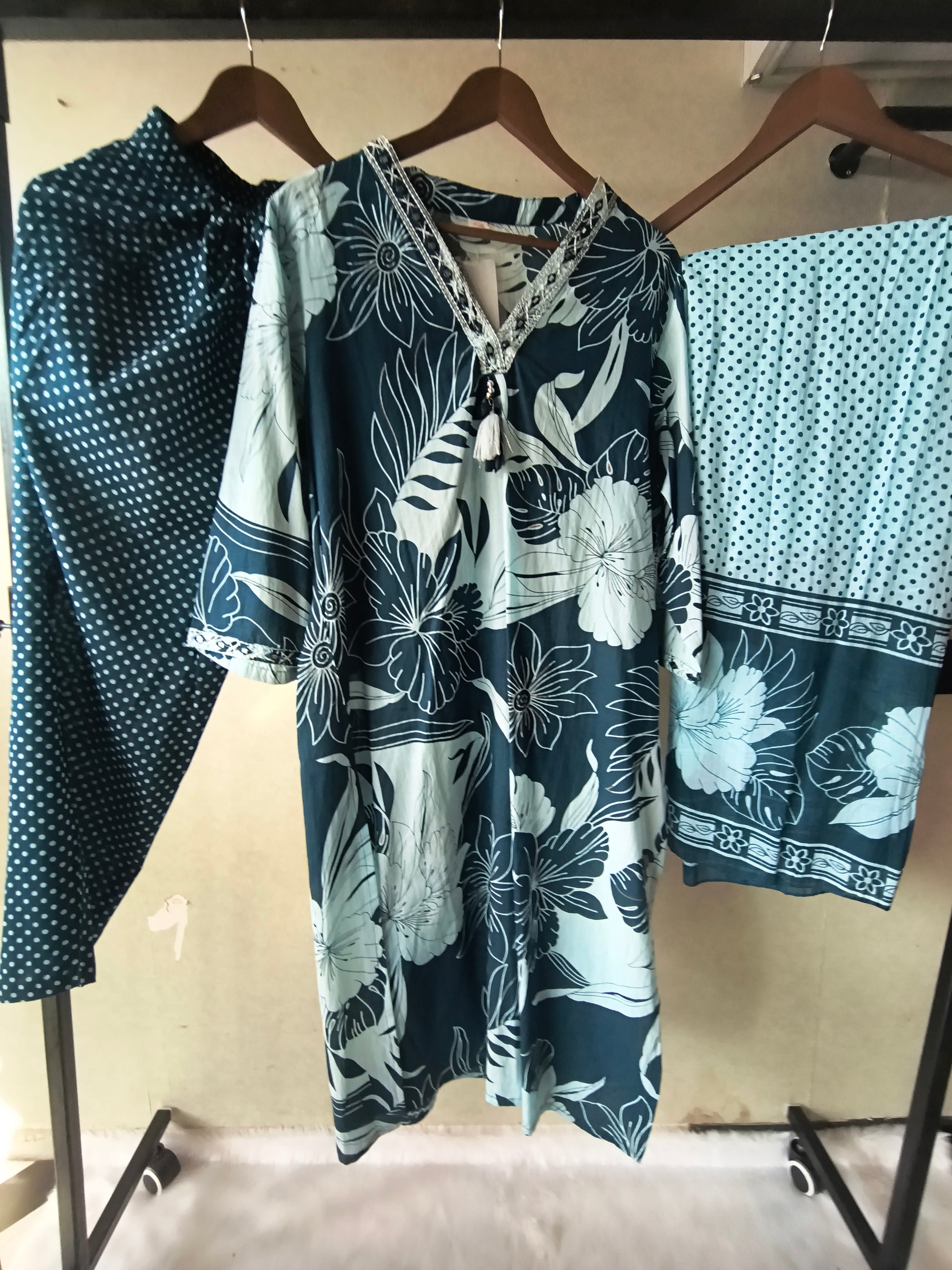 Premium Navy Blue Floral Printed Kurta Set with Polka Dot Pants & Printed Dupatta